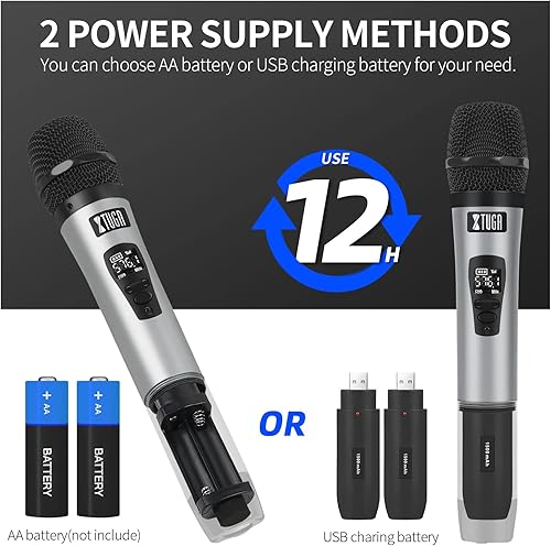 Miniatura 3 de XTUGA Sistema de micrófono inalámbrico recargable U500, micrófono inalámbrico dual inalámbrico dinámico de mano, 262 pies para