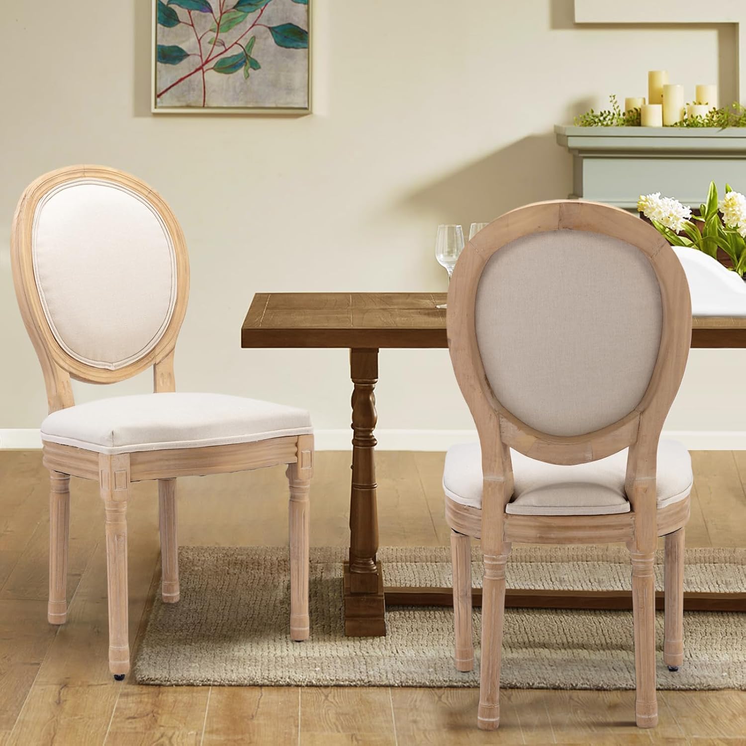 Lot de 2 chaises de Salle à Manger rembourrées ovales en Tissu avec Pieds en Bois pour Salle à Manger, Cuisine, Restaurant (Tissu Beige)