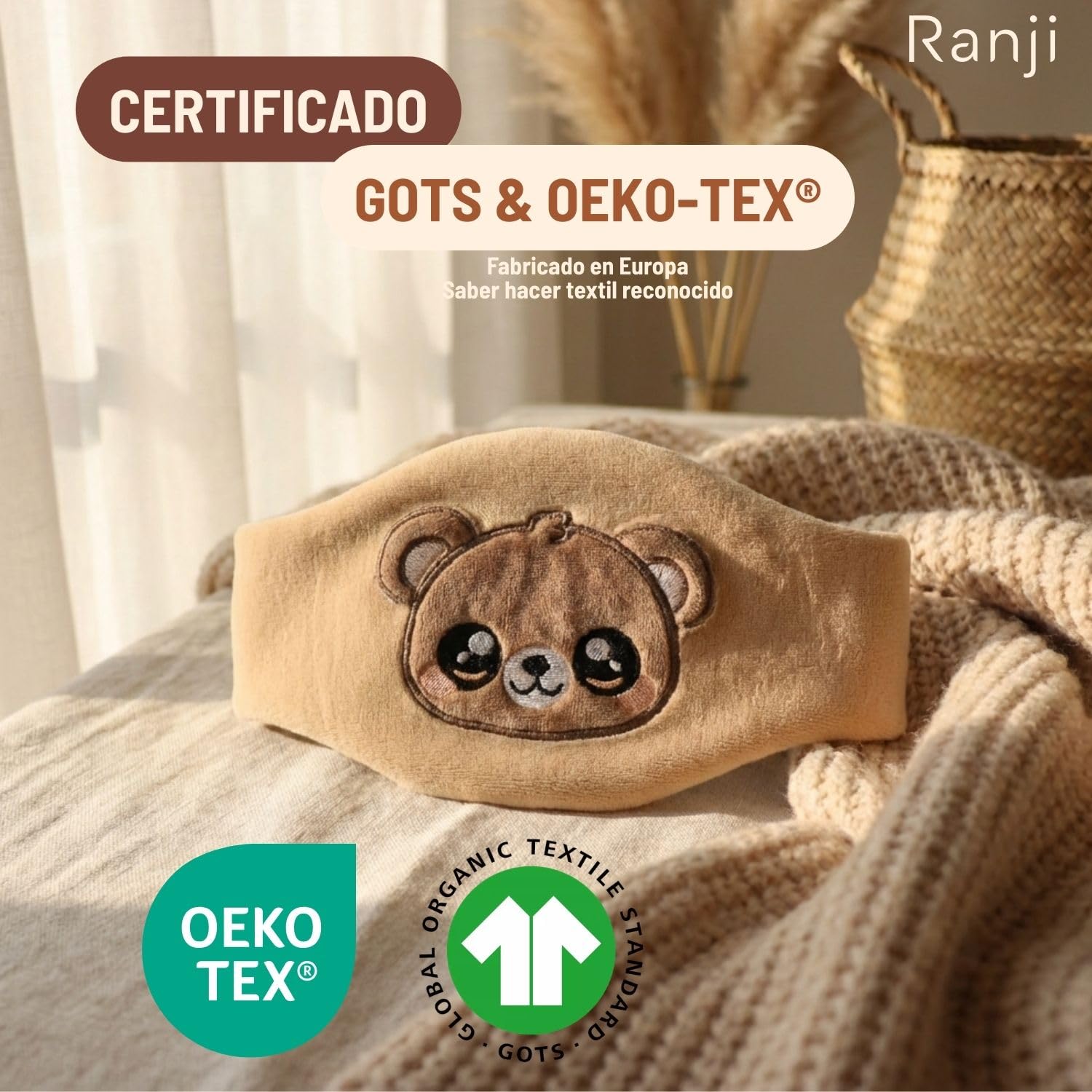 RANJI - Cuscino Coliche Neonato a Cintura con Noccioli di Ciliegia – Cuscino Termico Microonde per Coliche Neonato, Cotone Bio GOTS & Tessuti OEKO-TEX, Scalda Pancia Regolabile (Orsetto) - 4