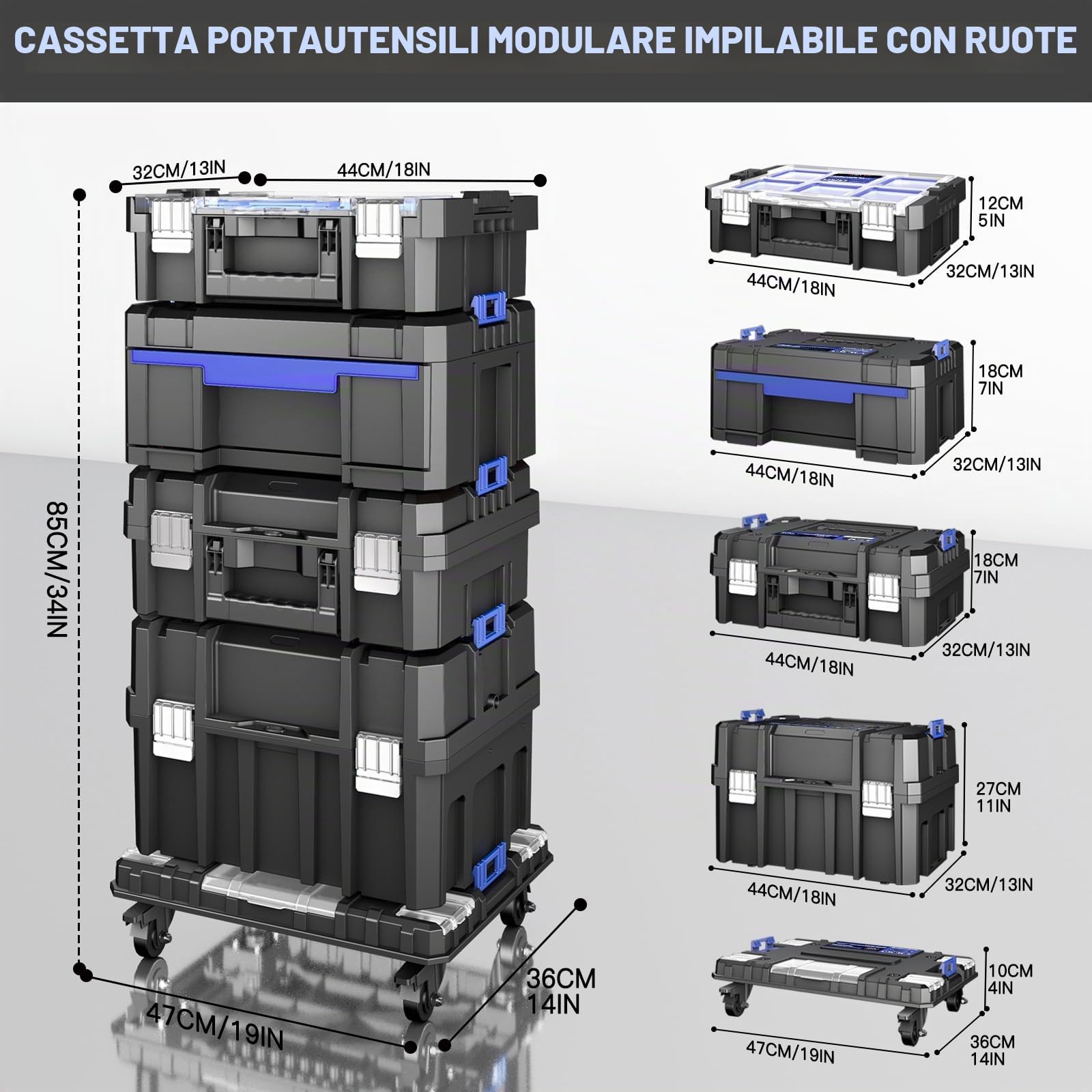 Cassetta Attrezzi con Ruote a Cinque Strati,Cassetta Attrezzi Vuota Modulare Impilabile,Cassetta Porta Attrezzi Portatile con Cassetti,Robusto e Durevole