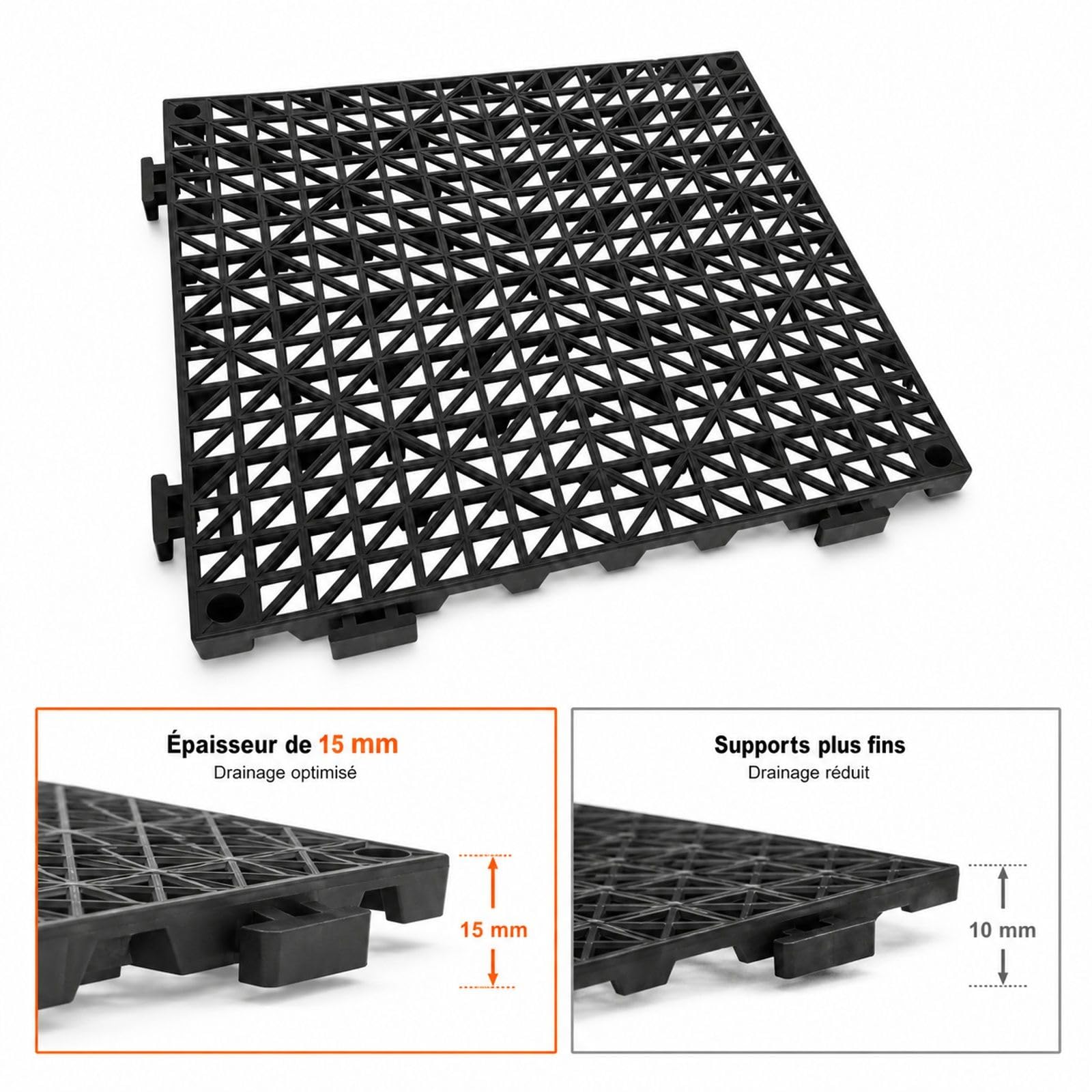 Lot de 12 dalles de sol en PVC noir, dalles clipsables ajourées pour jardin, piscine, terrasse, cuisine et salle de bain