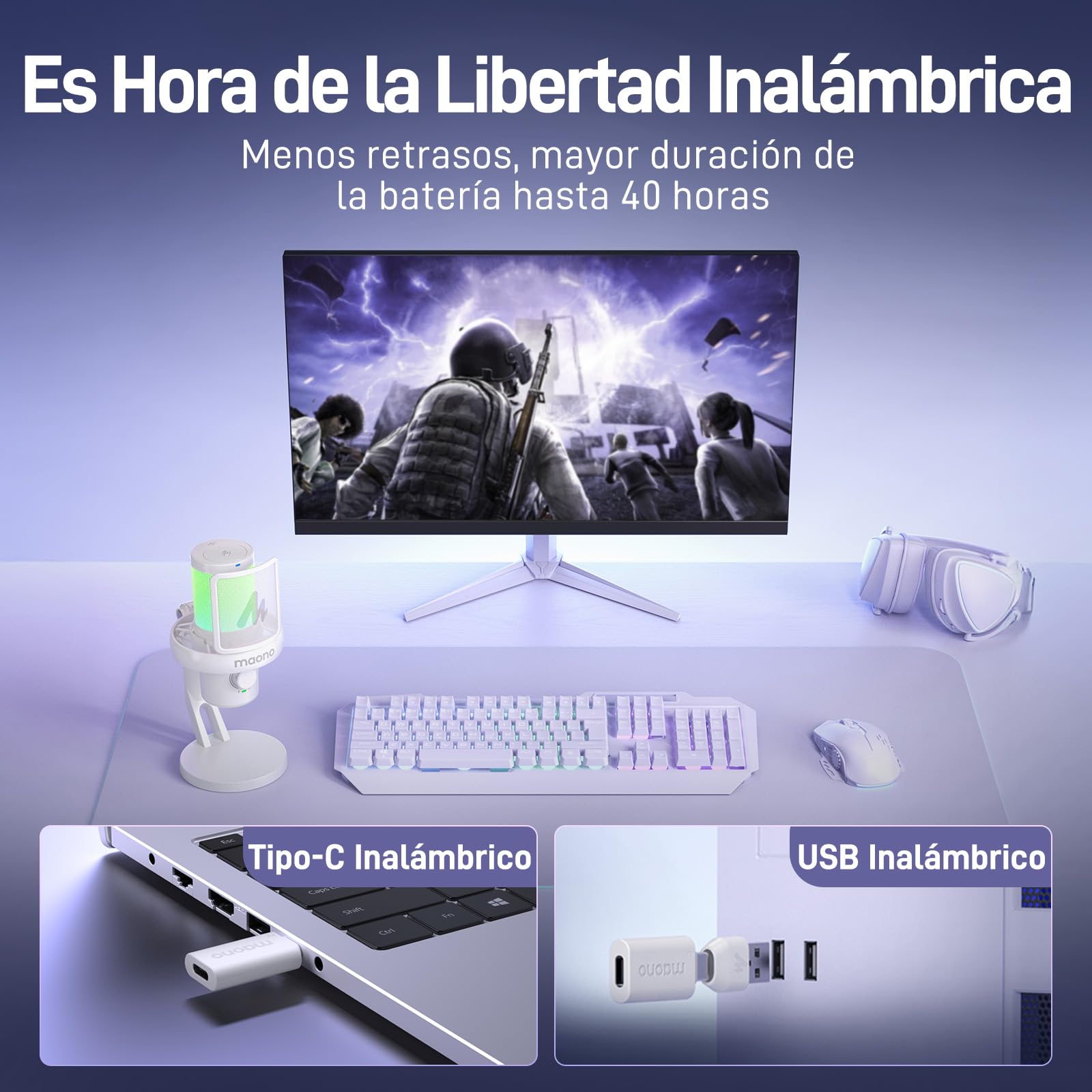 MAONO Microfono Inalambrico para PC, Microfono PC con Software de Cambiador de Voz con IA, Cancelación de Ruido, EQ Personalizado, Luces RGB Ajustables para Juegos, Podcasting, Streaming, DM40 Blanco