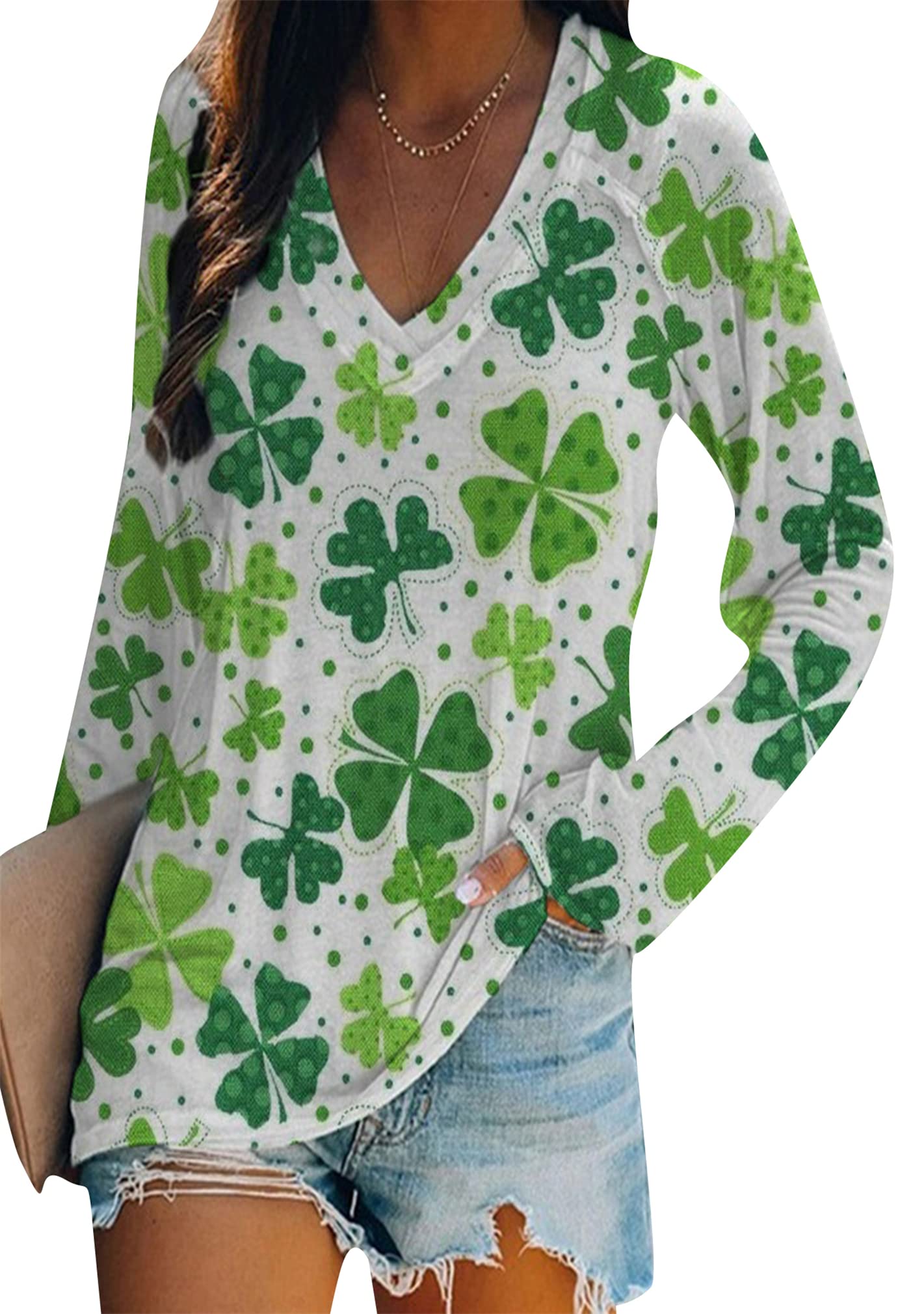 BOFETA Women St Patricks Day Sweatshirts Loose Long Sleeve Shirts Green Shamrock Print Blouse Flowy Color Block Pullover Tops