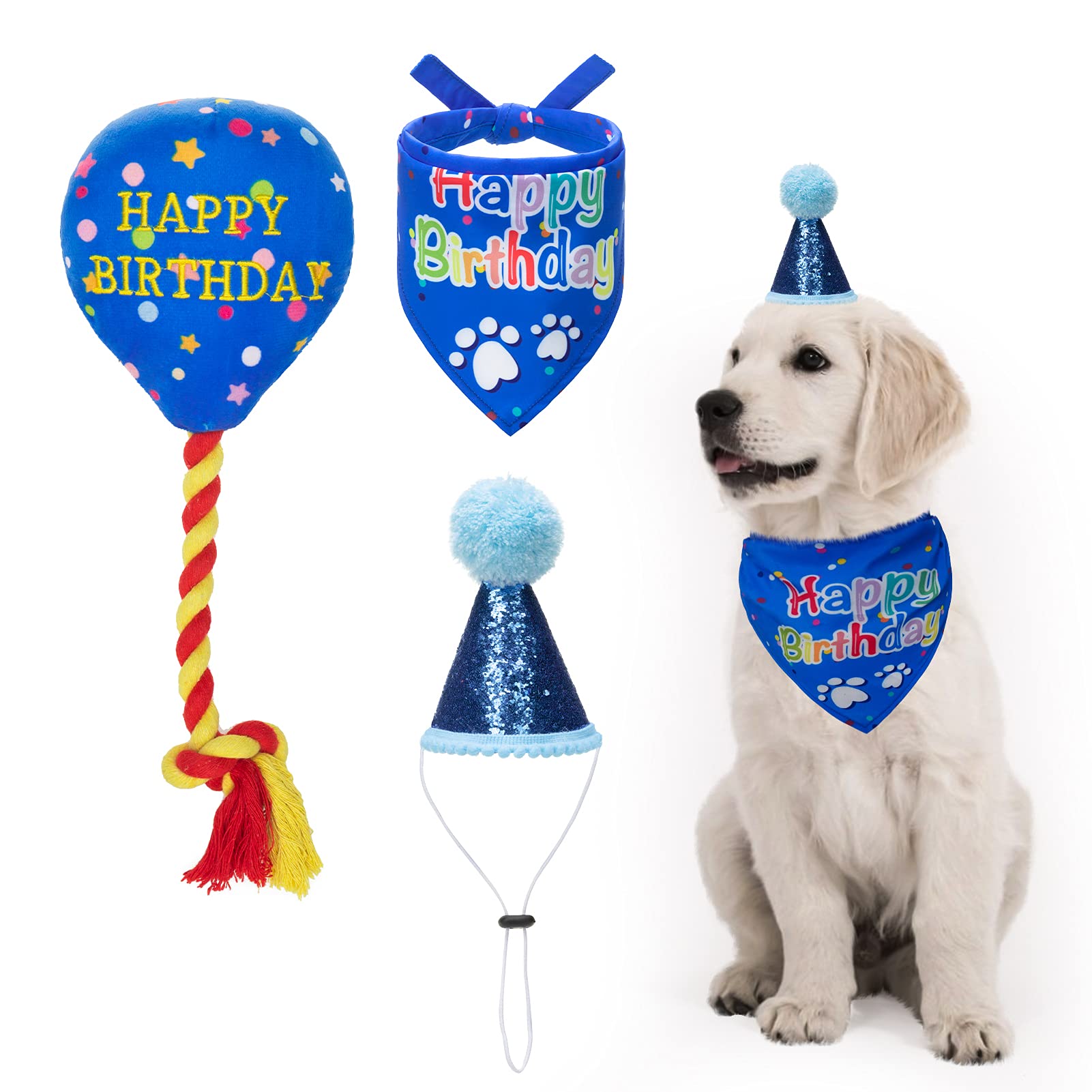 KOOLTAIL Dog Birthday Bandana Hat Balloon Plush Toy Set, Cute Pet Happy Birthday Accessory Puppy Chew Toy for Dogs Cats Puppies