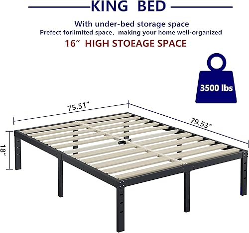 Miniatura 12 de ZIYOO Base de cama tamaño Queen de 18 pulgadas de alto, listones de madera de 3 pulgadas de ancho con soporte de 3500 libras para colchón de espuma,