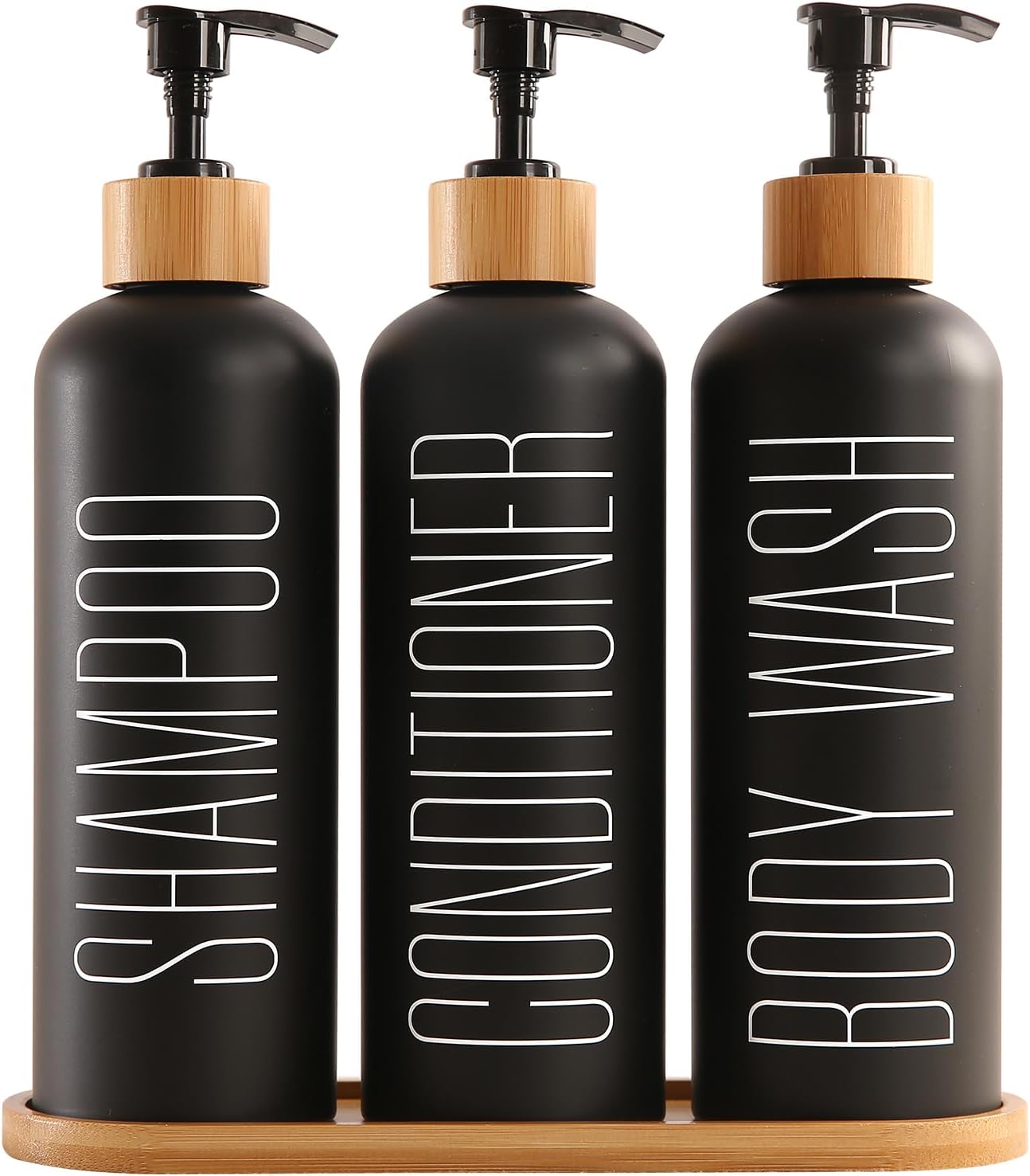 Prus Waso Shampoo and Conditioner Dispenser with Bamboo Pumps & Tray, Perfect for Bathroom Essentials for New Home (Black)
