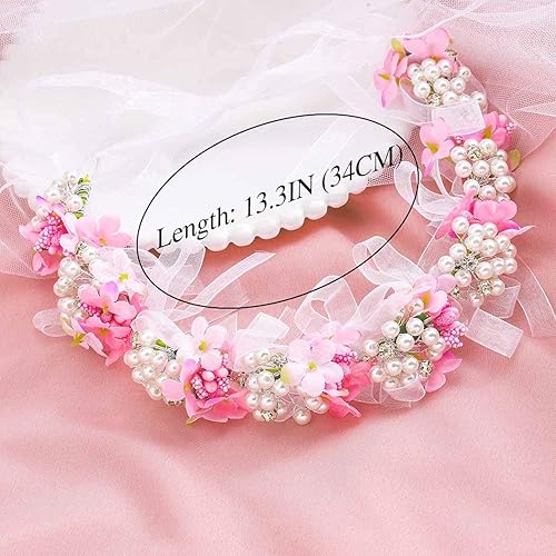 Miniatura 7 de Campsis Diadema de princesa con diseño de flores y perlas rosas, para novia, dama de honor, novia, diamantes de imitación, accesorios para el