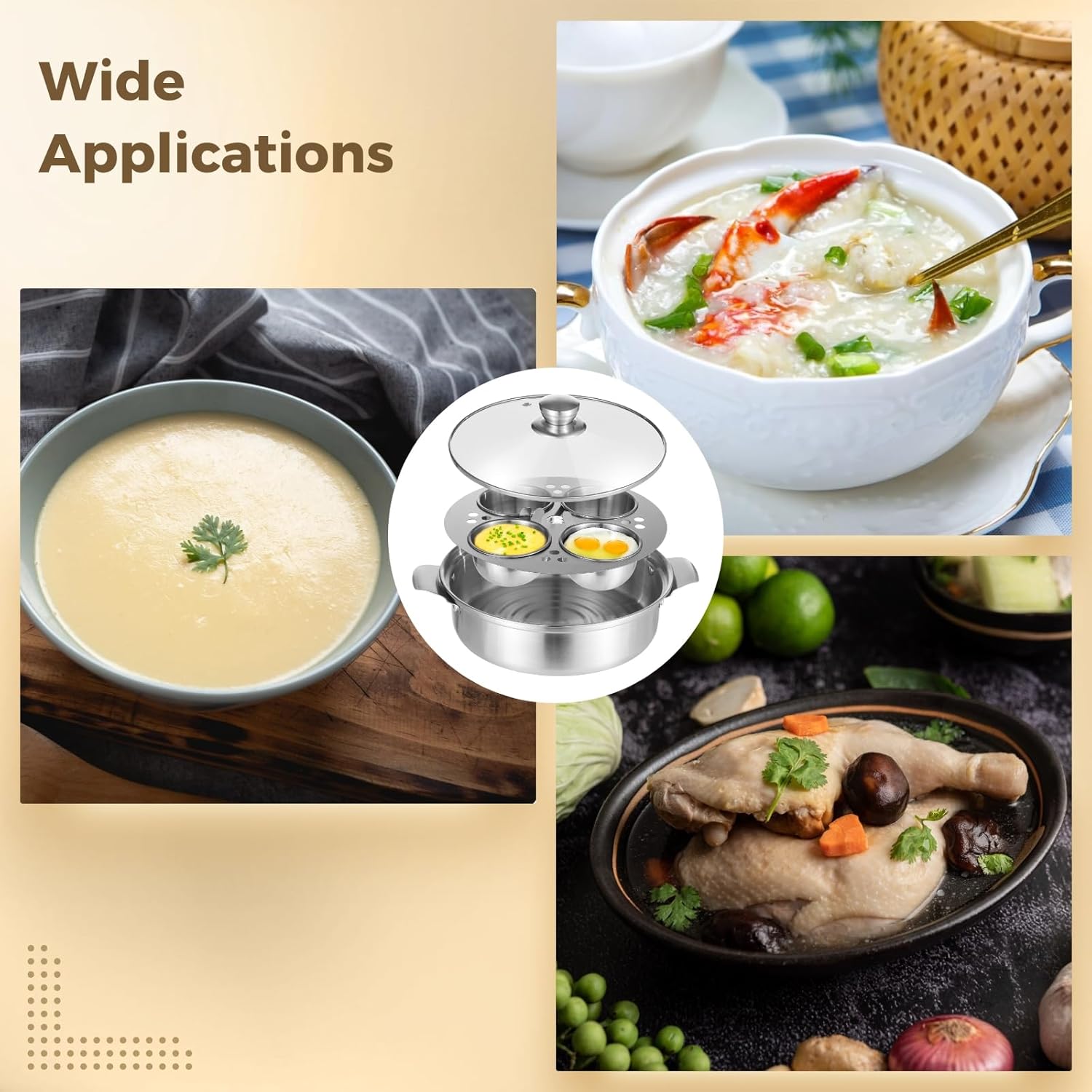 Egg Poacher & Steamer Pot, Stainless Steel, 4-Cup Capacity, Induction Compatible, 9.4×2.6 In, Even Cooking, Perfect For Soup And Eggs