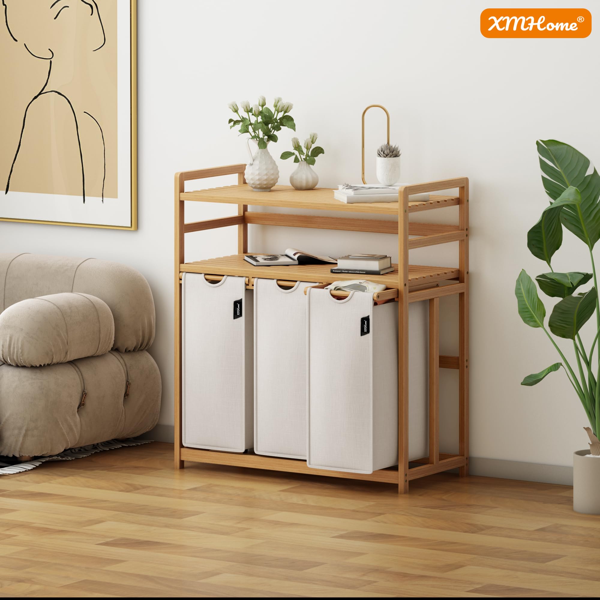 YOUDENOVA Wasmand van bamboeframe, wasverzamelaar met 2 planken, met 2 uittrekbare waszakken, geschikt voor slaapkamer, badkamer en waskeuken, 93 x 64 x 33 cm, zwart