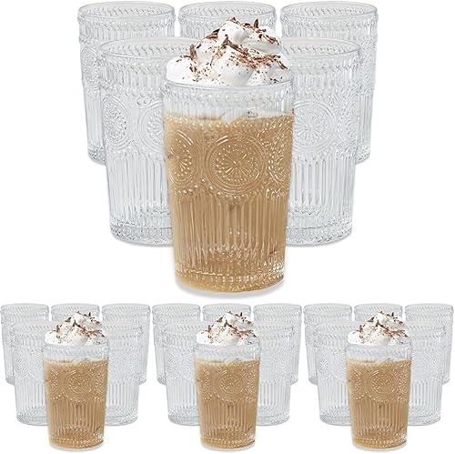 Vista 24 de Kate Aspen Juego de 6 vasos para beber a rayas transparentes con textura vintage, (13 onzas), juego de cristalería acanalada con diseño de flores