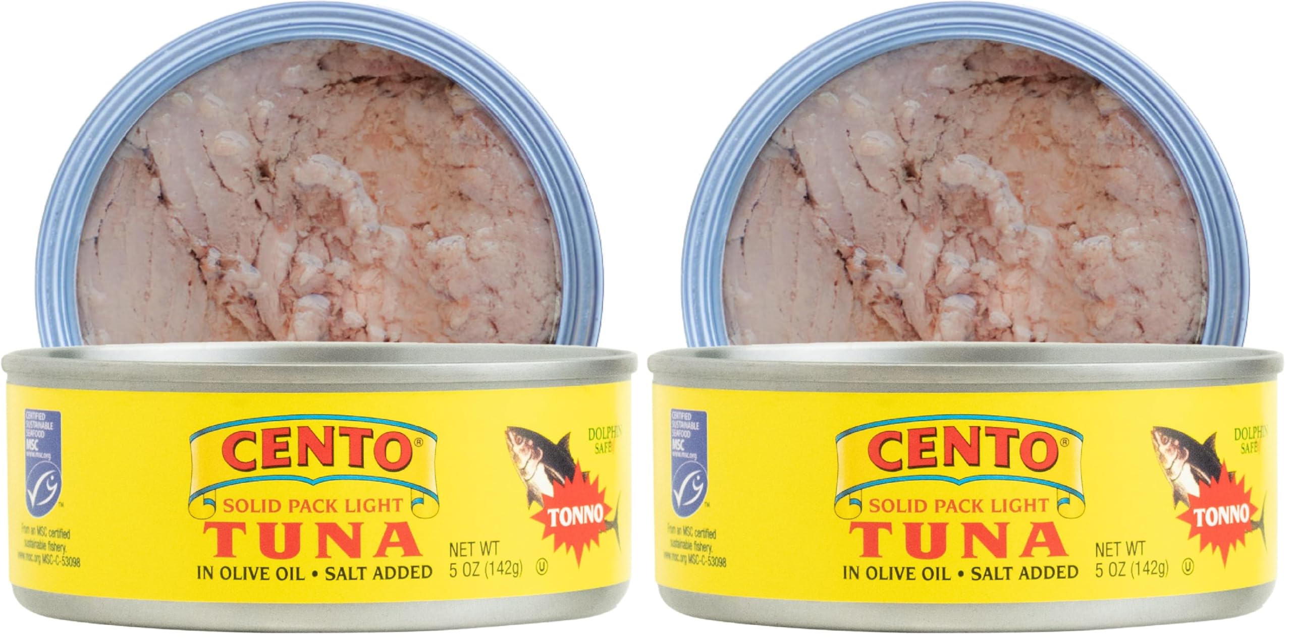 Cento Solid Pack Light Tuna in Olive Oil, 5 Oz, High Protein, MSC Certified, Wild Caught, Packed Fresh, Canned Tuna Fish for Snacks, Salads, Meals - Gluten Free, Non-GMO, Kosher, BPA Free (Pack of 2)