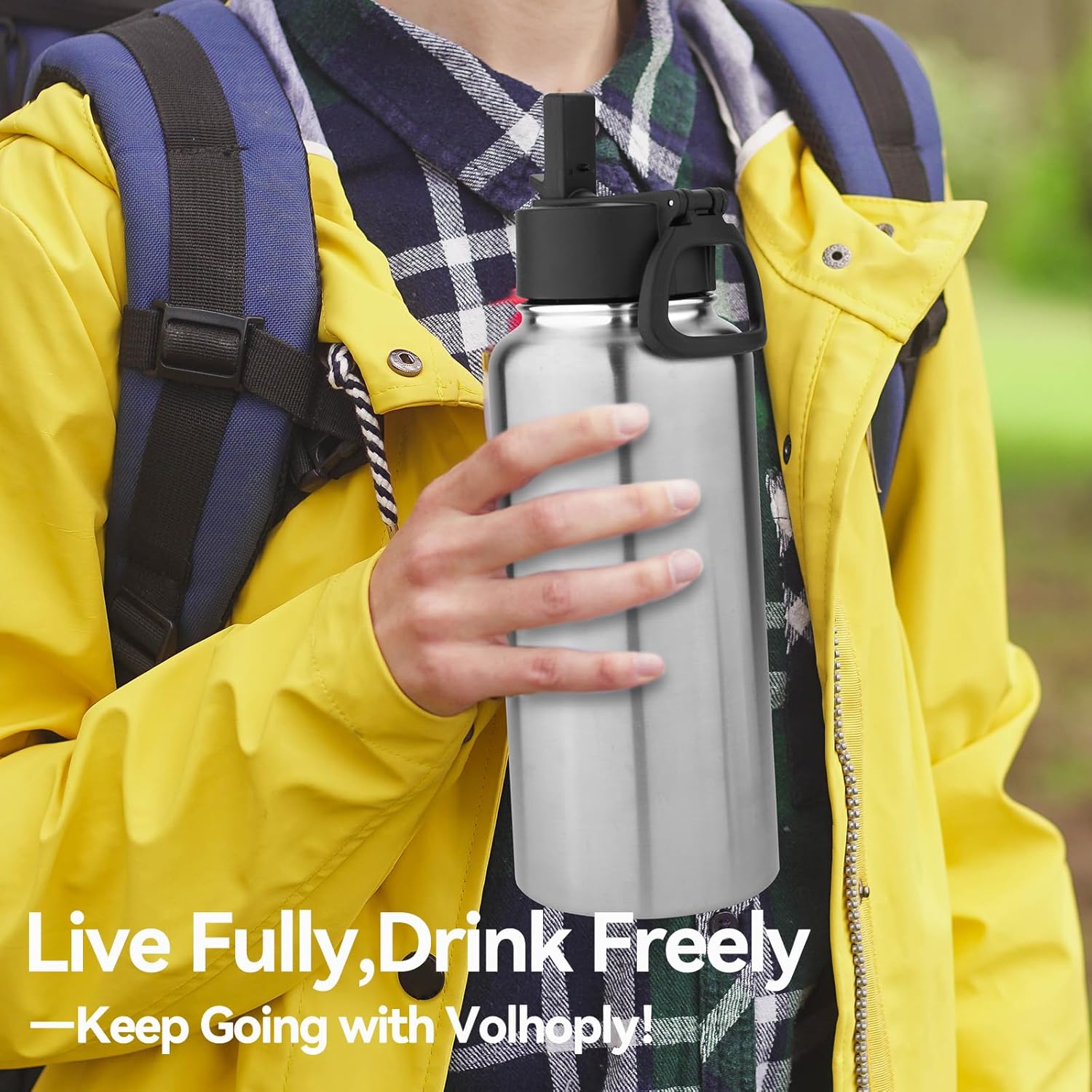 Volhoply 32 oz Water Bottles Bulk 2 Pack with Straw Lid & Spout Lid,Insulated Sports Water Bottle,Double Wall Vacuum Stainless Steel Cups,Leakproof Wide Mouth Metal Flask for Travel(Silver,2)