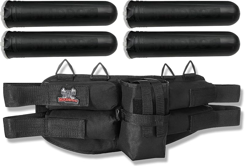 Maddog 4+1 Entry Level Paintball Harness Pod Pack Belt with HPA CO2 Tank Holder Pouch | Includes (4) Paintball Pods