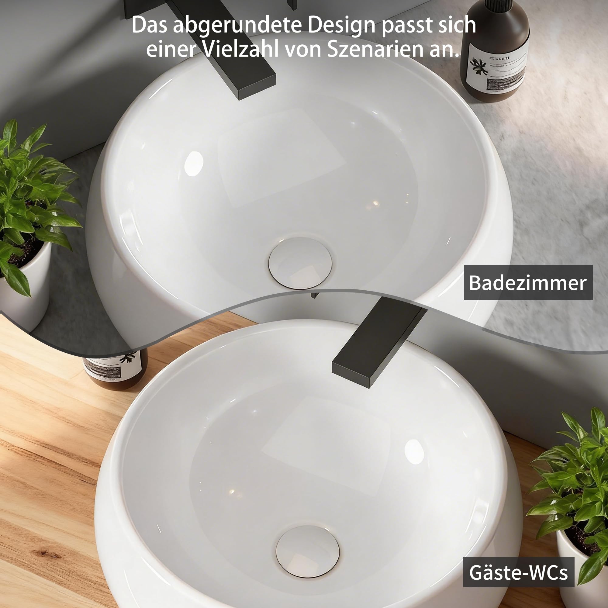 NUESTRA VIDA Lavabo de Cerámica para Baño, Lavabo Sobre Encimera Lavamanos Redondo de Baño 40 × 40 ×15,5cm, Ideal para Poner Sobre Encimera de Muebles de Baños y Aseos