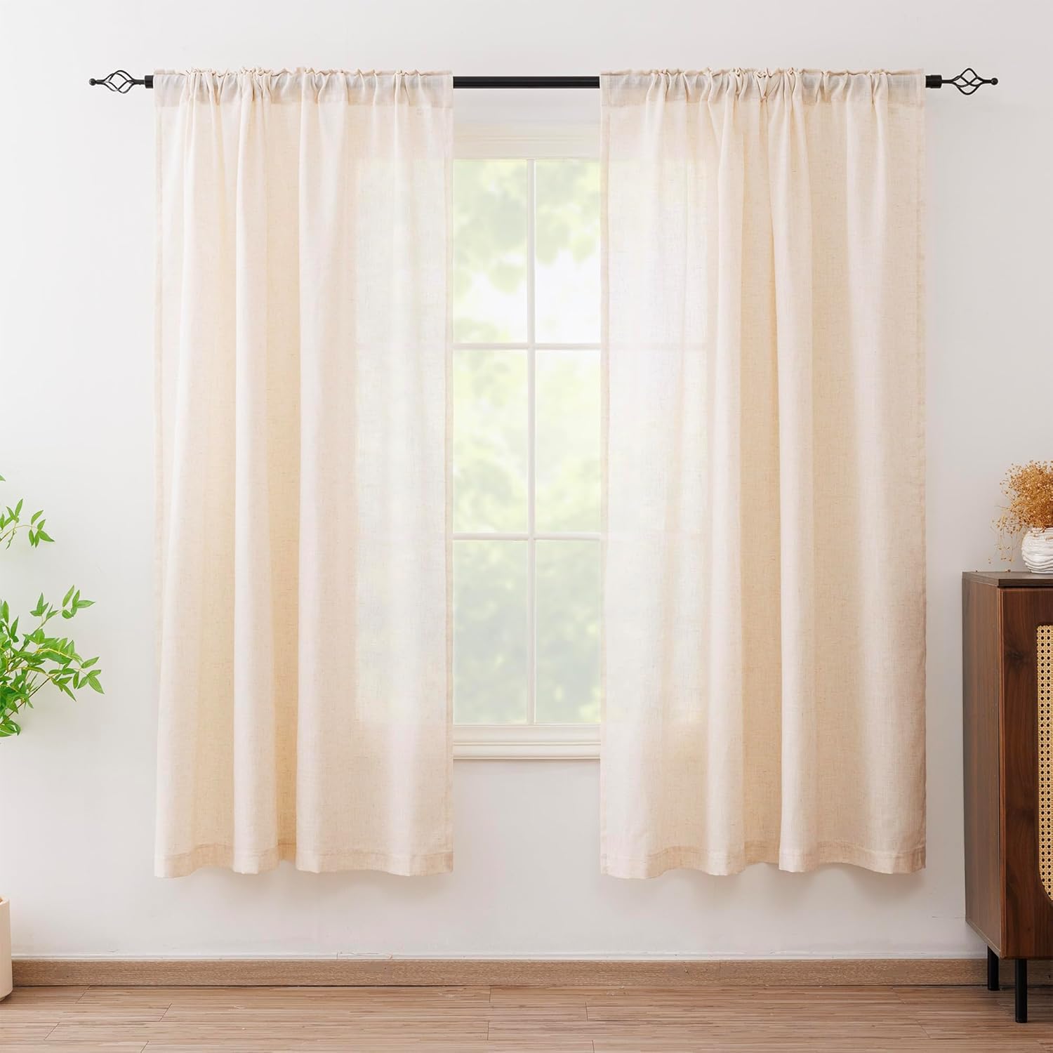 Linen Curtains for Living Room, Linen Blended Semi Sheer Light Filtering Curtain Rod Pocket Back Tab Privacy Drapes 72 Inches Long 2 Panels Set-Natural,54Wx72L