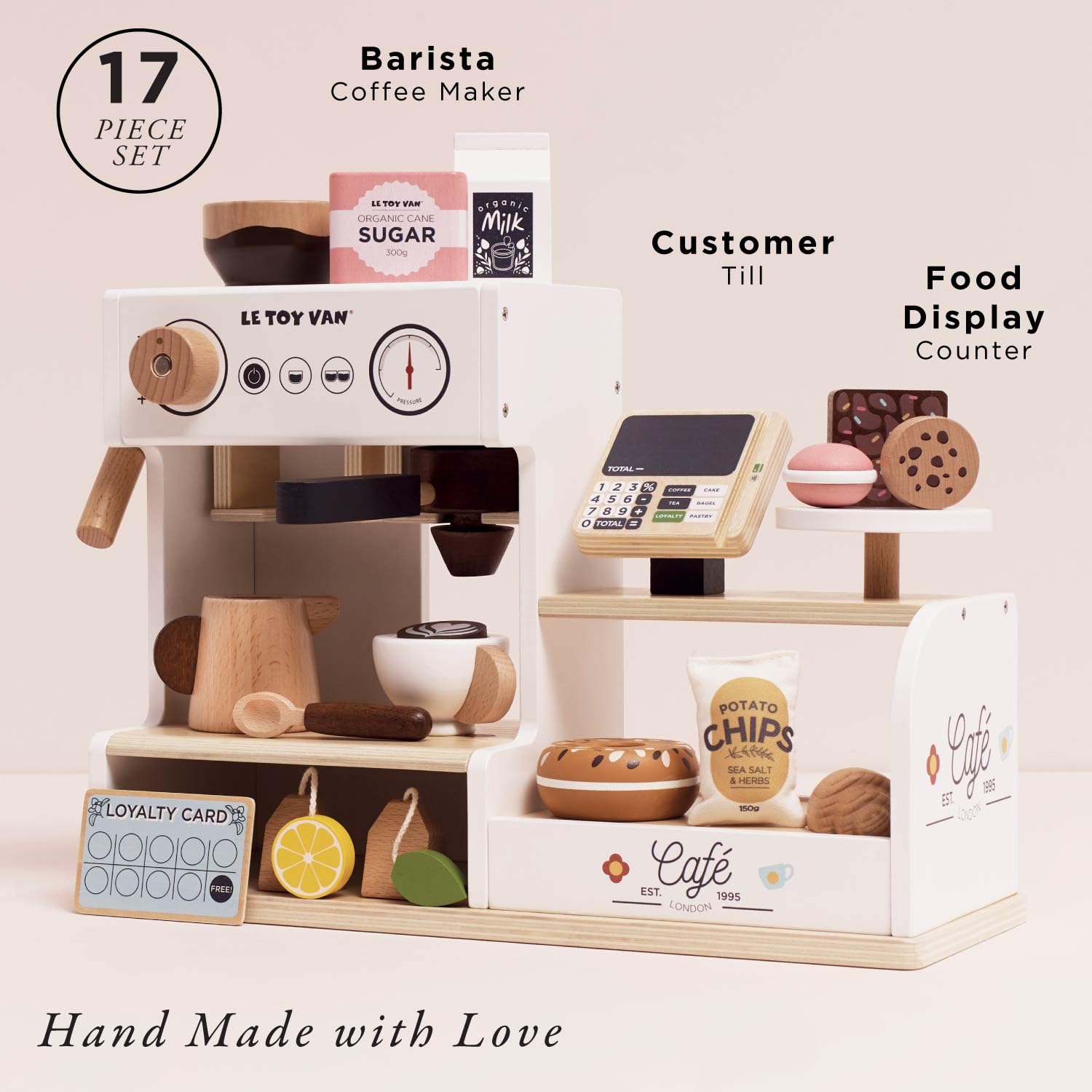 Petit Jour Machine à Café Barista en Bois FSC, Set de Jeu pour Enfants 3+, 40,7 x 15 x 31,5 cm, avec Accessoires de Coffee Shop, Caisse et Gourmandises
