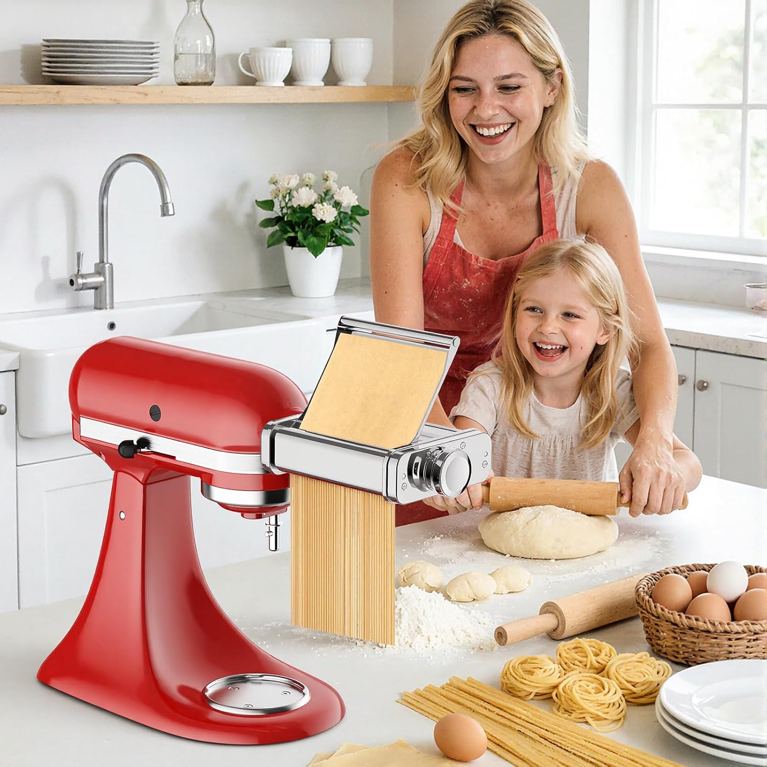 Stainless Steel Pasta Attachment for KitchenAid Stand Mixer, 3-in-1 Pasta Maker with Pasta Roller, Spaghetti & Fettuccine Cutters, Food-Grade KitchenAid Pasta Attachment for Homemade Noodles