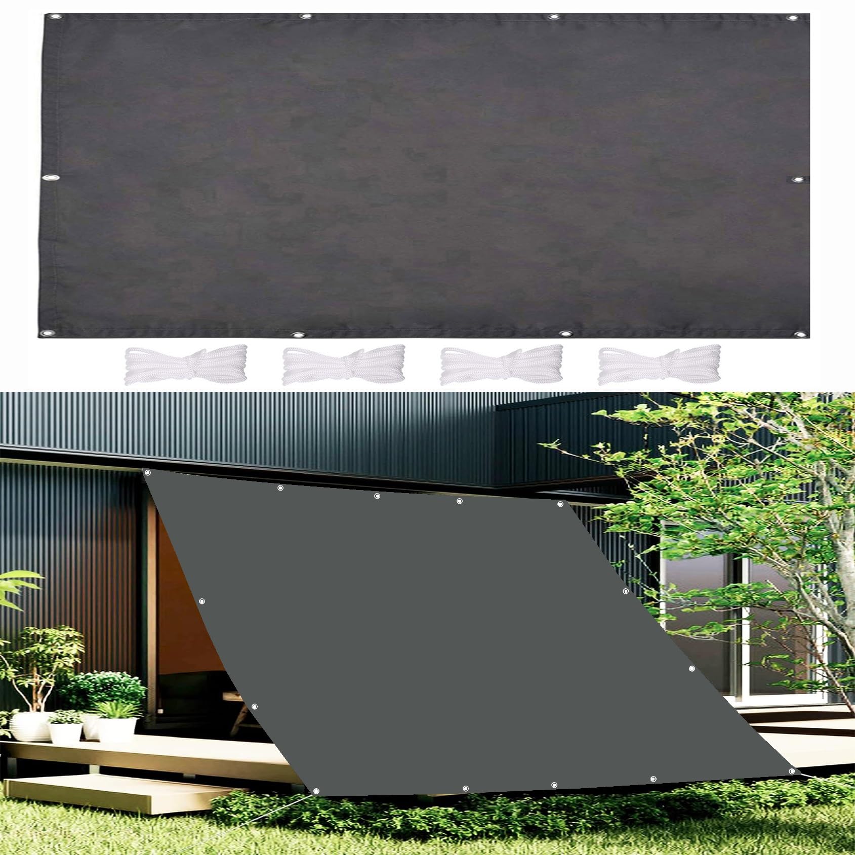 Toile ombrage exterieur gris foncé rideau solaire 1.7x3.6m avec oeillets et corde