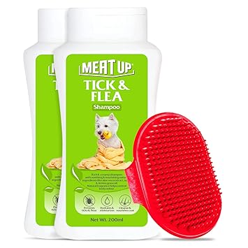 Meat Up Combo of Tick and Flea Repellent Shampoo for Dogs (Buy 1 Get 1 Free) with 1 Free Bathing and Grooming Hand Brush