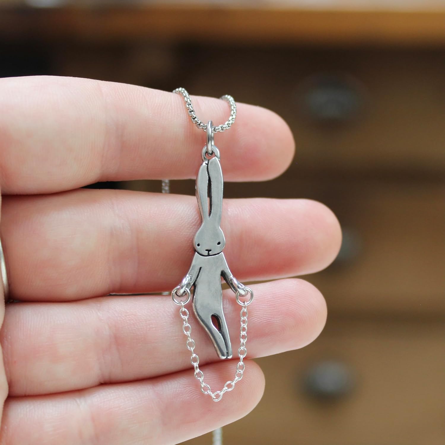 Mark Poulin Rabbit Necklace - Pewter Pendant for Women and Girls - Jumprope Charm on 16-20 Inch Adjustable Stainless Steel Box Chain