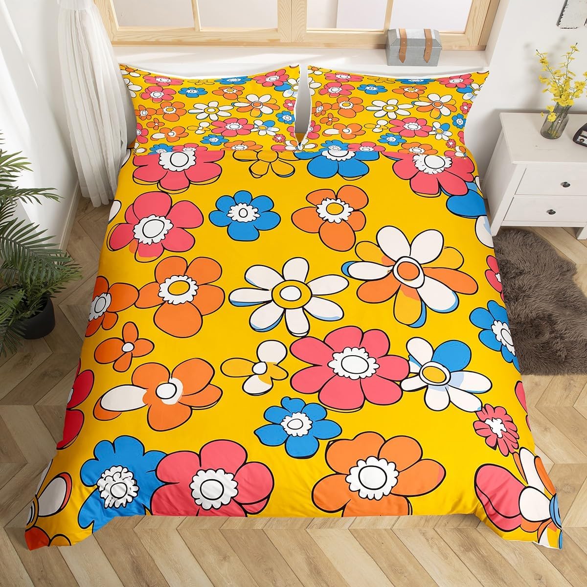 Boho Floral Bedding Set Full Retro Groovy Flowers Duvet Cover 60S 70S Hippie Flower Power Comforter Cover For Kids Girls Women Groovy Natural Garden Botanical Quilt Cover 2 Pillow Cases Orange Brown