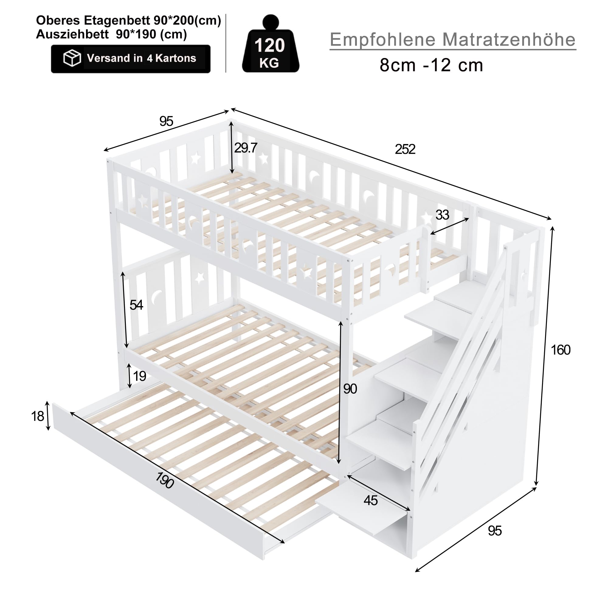 Kinderbett 90x200/90x200cm, Hochbett Etagenbett mit Stauraum-Sicherheitstreppe&Ausziehbett&Lattenrost, Jugendbett Holzbett Stockbett für 2 Kinder, Rausfallschutz Bett, Massivholz, Weiß