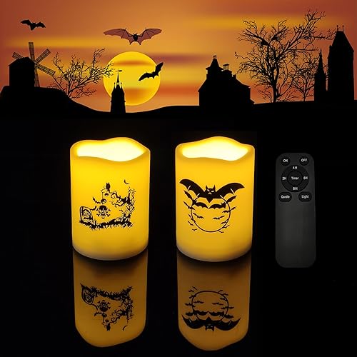 iZAN Paquete de 2 velas de pilar sin llama de Halloween con control remoto y temporizador, funciona con pilas, juego de velas LED parpadeantes con
