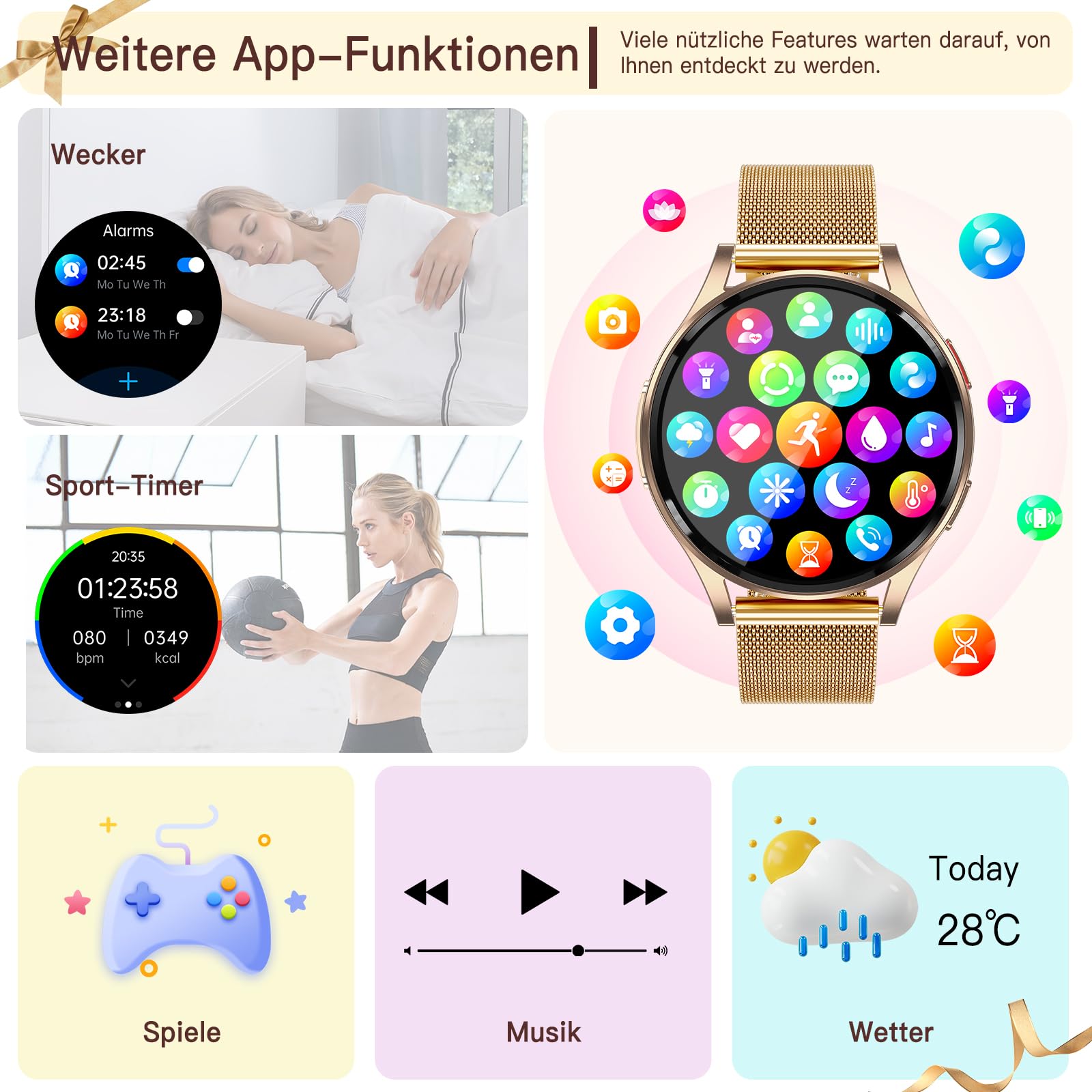 Smartwatch Damen mit EKG+HRV/Blutdruck/BMI/Harnsäure, Rund 1,43" AMOLED Gesundheitsuhr Damen mit Telefonfunktion, 24H Pulsuhr Schlafmonitor Menstruationszyklus für Fitness Tracker iOS Android