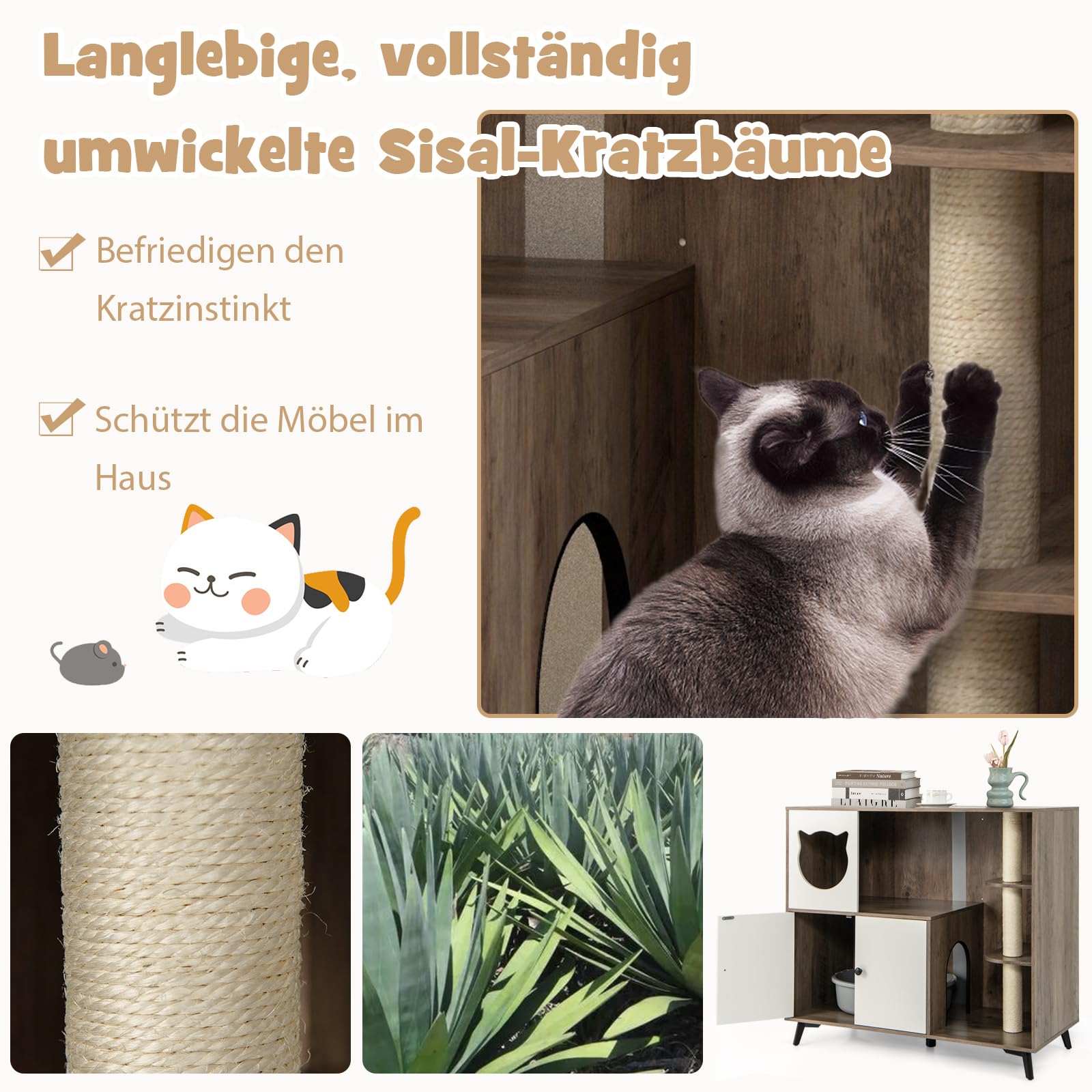 GYMAX Katzenklo Schrank, 5-in-1 Katzenschrank mit Katzenhaus, Sisalstamm & Katzenklo, Katzentoilette Schrank für 2 Katzen 100 x 51 x 91 cm