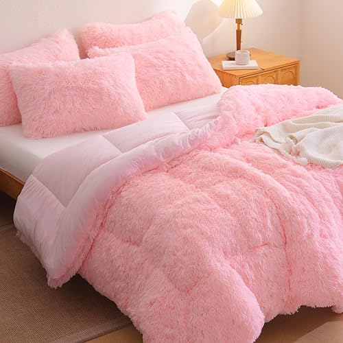 Miniatura 8 de Juego de edredón de felpa suave color rosa, juego de 3 piezas de pelo sintético esponjoso con relleno de fibra elástica (1 edredón + 2 fundas de