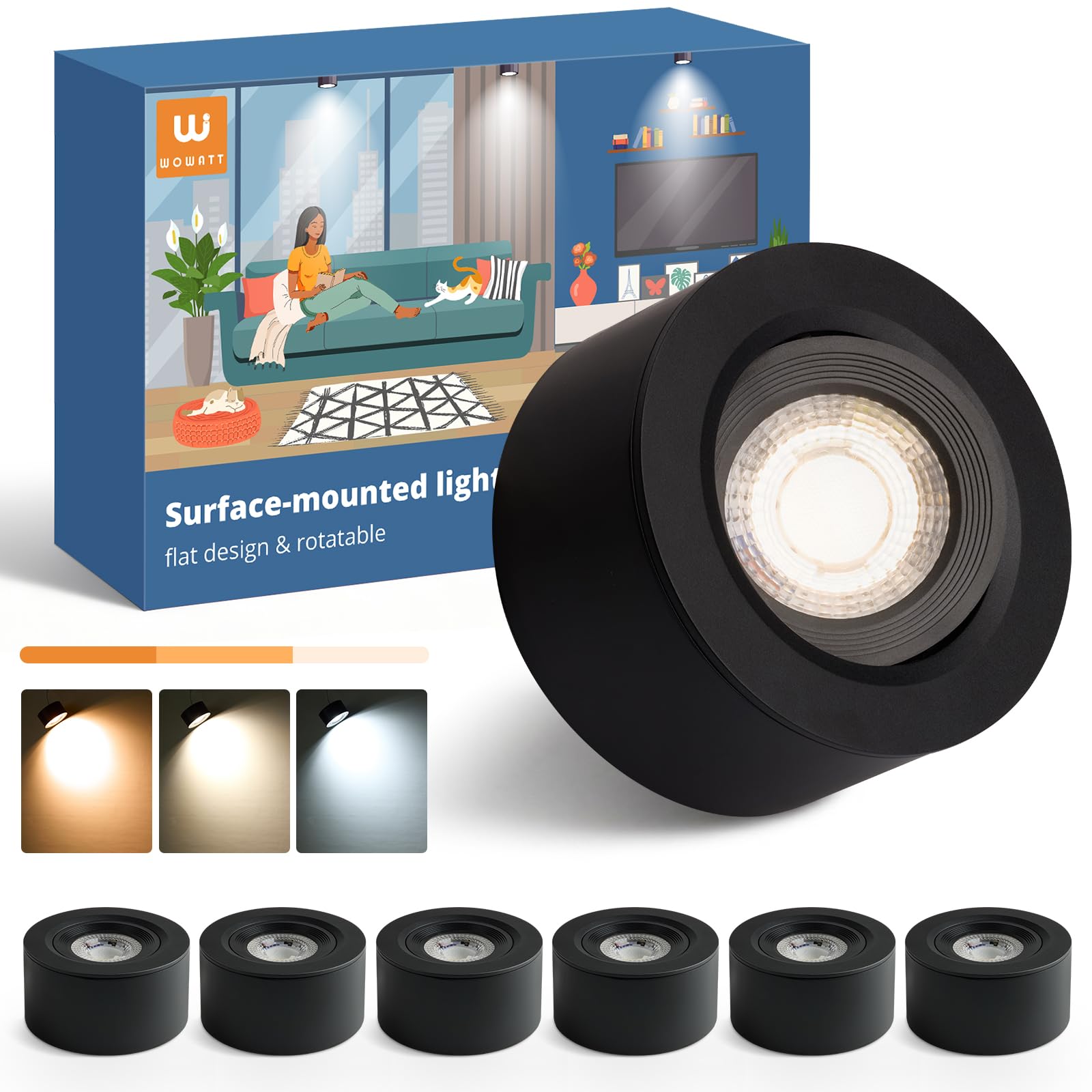 wowatt Set of 6 Black Surface-Mounted Spotlights, Dimmable LED Spotlights