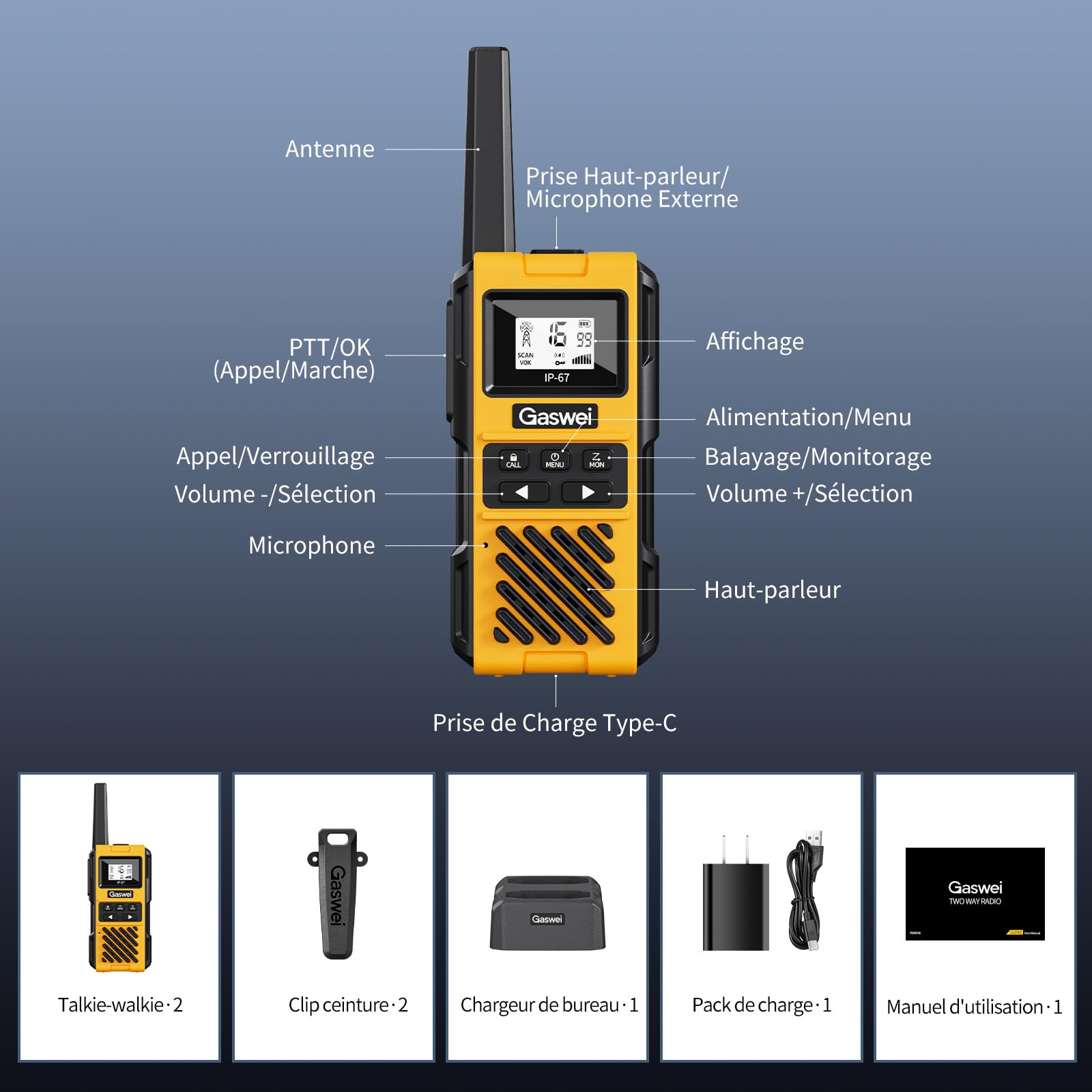 G1pro Talkie-walkie Longue portée et 16 canaux | USB-C avec Batterie Li-ION | Écouteurs et Fonction Mains Libres Inclus | Idéaux pour Les activités en Plein air, Le Camping et Les événements.