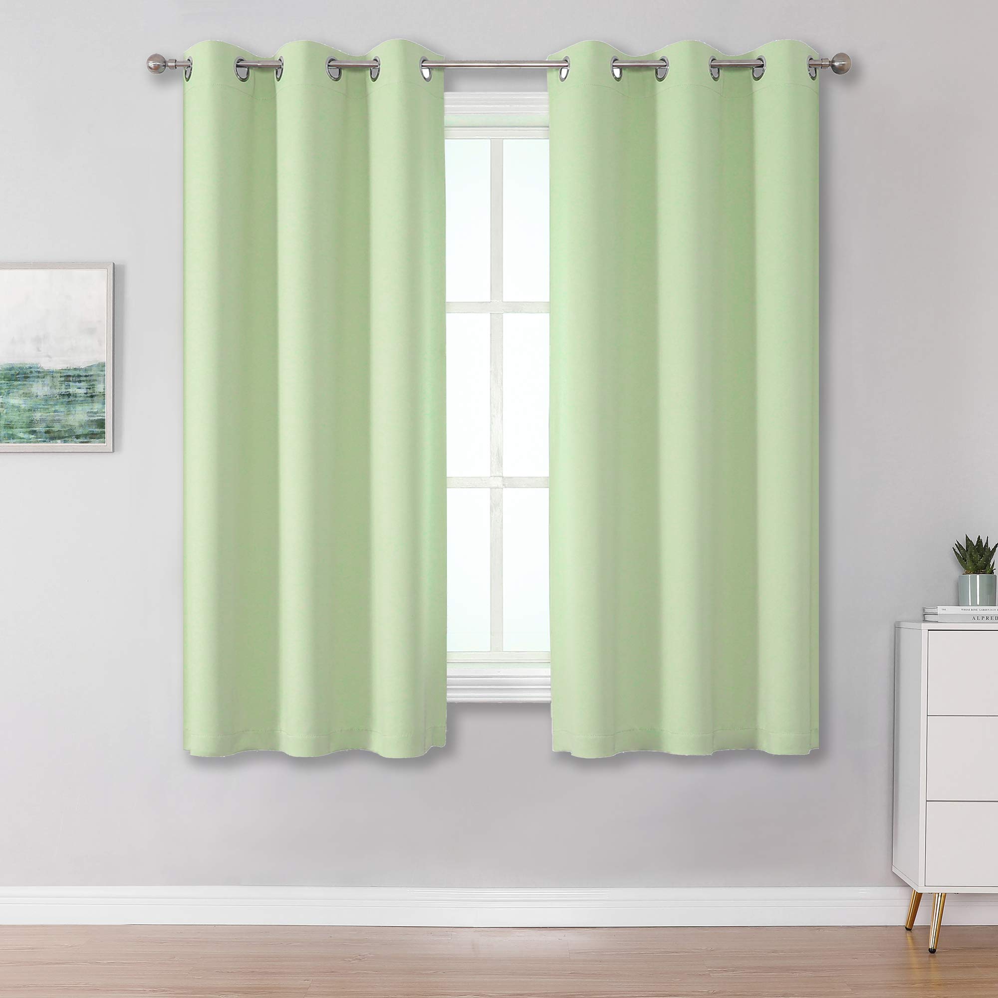 DUALIFE Light Green Short Kitchen Curtain Panels for Living Room 45 Inch Length Room Darkening Bedroom Curtains Grommet Top 38x45 Inch Set of 2 Panels