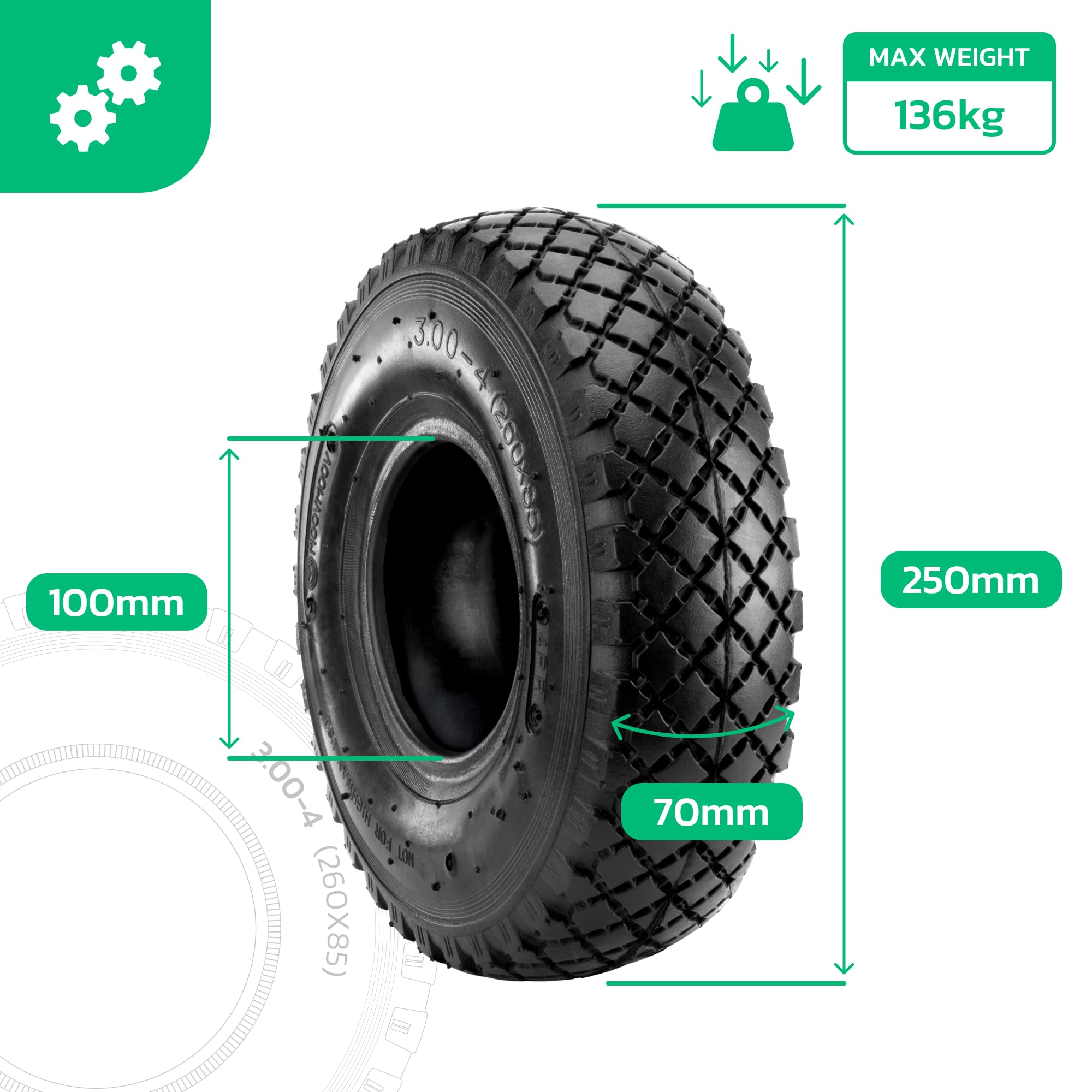 MOOVMOOV Kit Pneu 3.00-4 (260x85) avec Chambre à air Valve Coudée TR87 | Compatible avec Diable de Transport, Remorques, Chariots de Jardin 4 roues - Pour Pneu 3.00-4