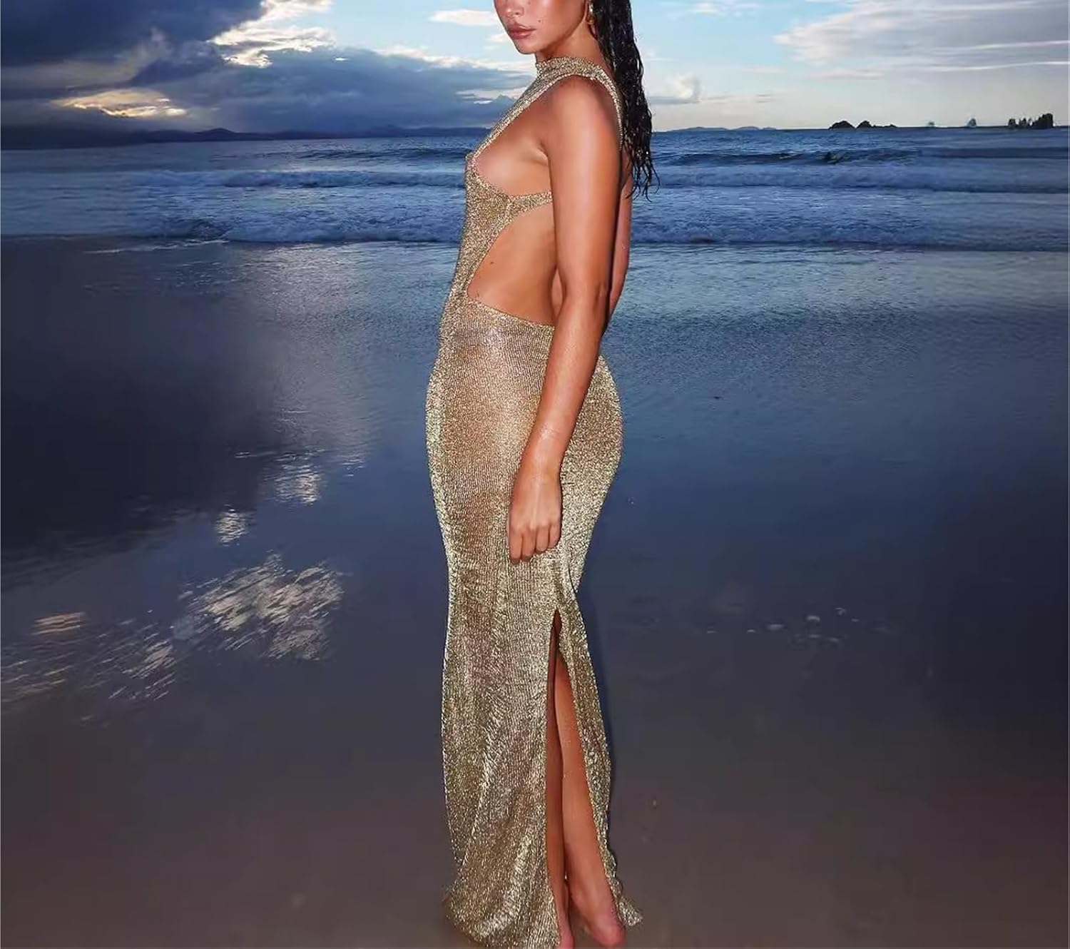 Crochet Dress Sexy Maxi Dresses Sheer Casual Sundress Backless Beach Summer Bodycon Sleeveless Sweater Dress (Khaki,Large) - Image 3