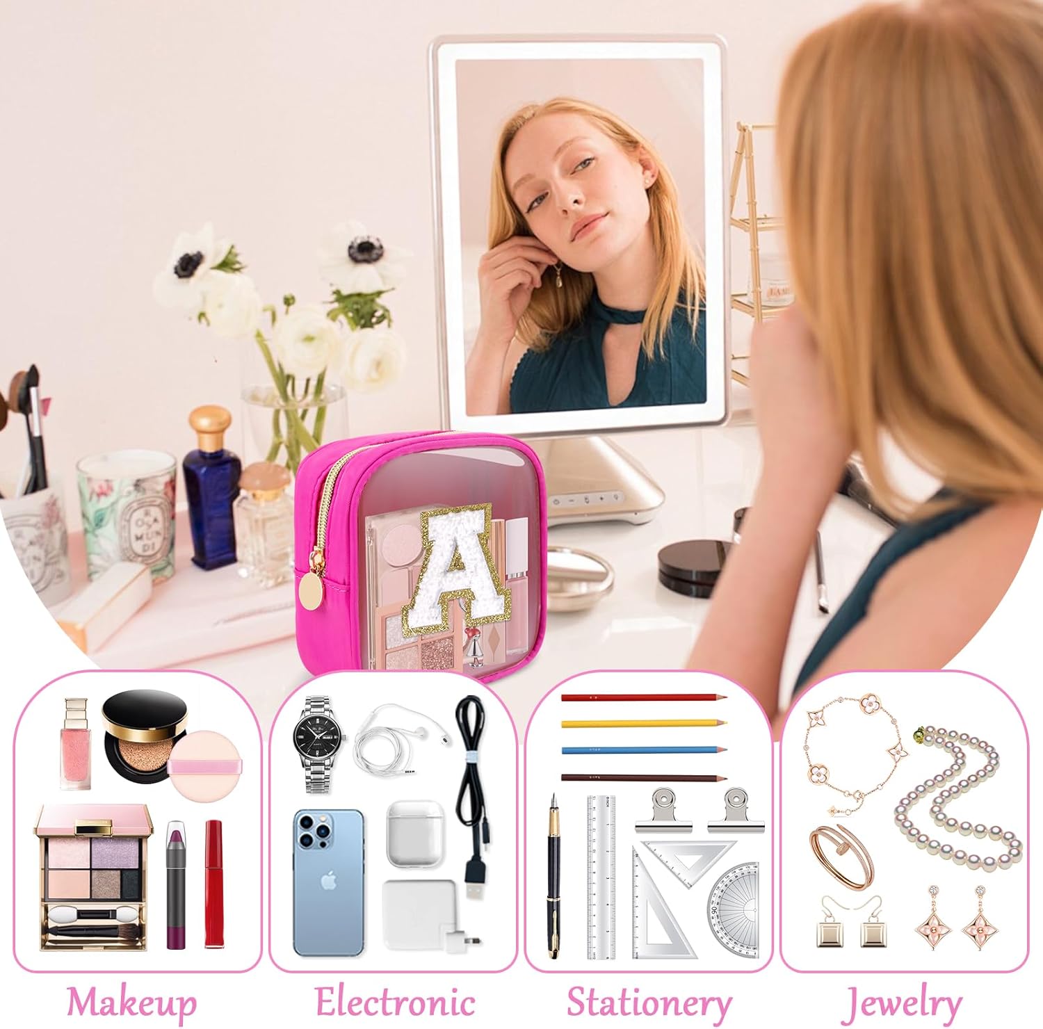 Personalized Initial Letter Clear Preppy Makeup Bag,Mini Nylon Chenille Letter Cosmetic Bag Cute Zipper Pouch Coin Purse for Teen Girls,Portable TSA Approved Travel Essentials Bag Gift for Women,A - Image 7