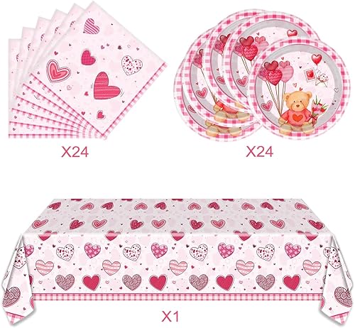 Miniatura 3 de Juego de vajilla para el día de San Valentín, 20 platos y 20 servilletas y mantel de 71 x 42 pulgadas, suministros de decoración de fiesta de