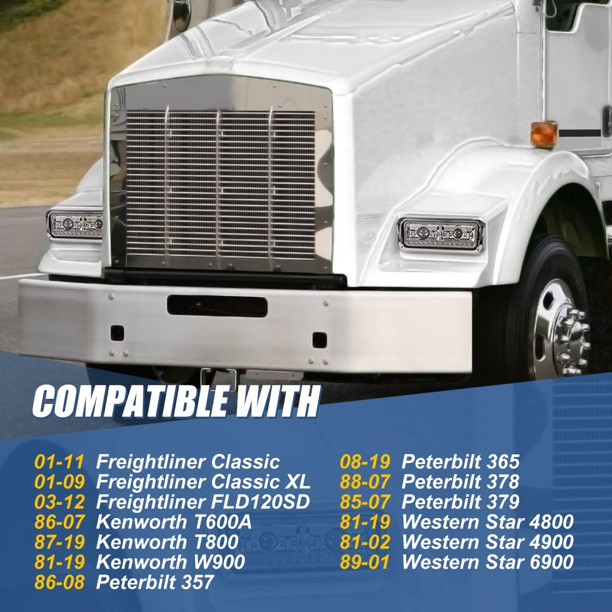 Auto Dynasty Dual LED DRL Projector Headlights Assembly Compatible with Freightliner Kenworth Western Star Truck Peterbilt 357 365 378 379 1981-2019, Driver and Passenger Side, Chrome Housing