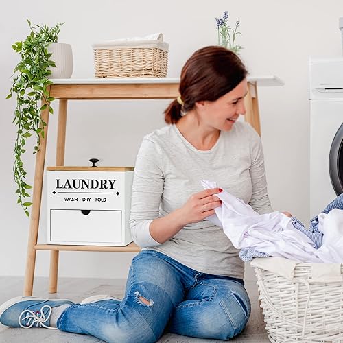 Miniatura 9 de Dispensador de hojas para secadora de madera con cajón y tapa, soporte y recipiente para organización y almacenamiento de lavandería, soporte de