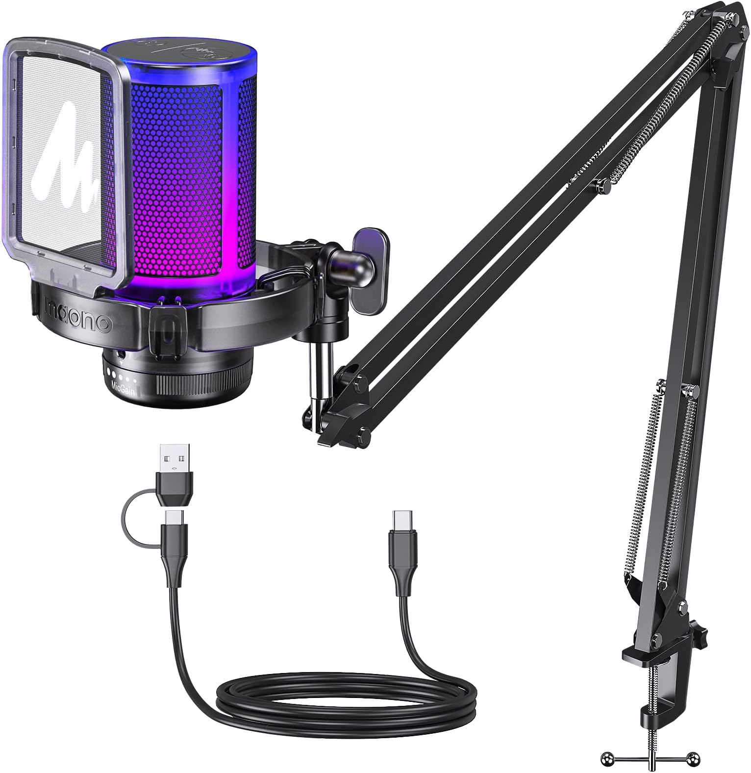MAONOGaming Microphone with Noise Cancellation, USB Condenser RGB Mic for Streaming, Podcasts, Twitch, YouTube, Discord, Plug and Play for PC, Computer, Mac, PS4, PS5, DGM20S Black Crystal
