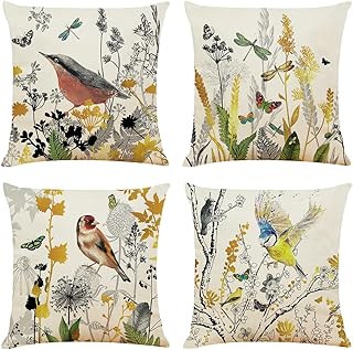 HOOTO 4 Pack Throw Pillow Covers 45x45cm Cotton Linen Birds Butterfly and Plant Decorative Cushion Pillow Cases for Couch Sofa Chair Bedroom Home Decor Assorted Color