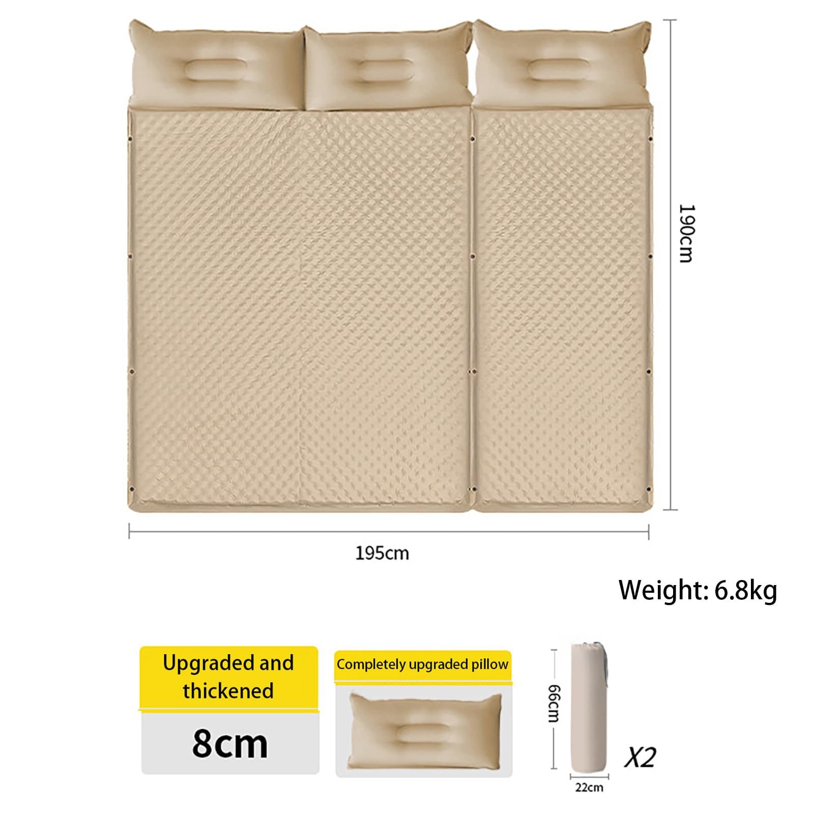 Colchoneta De Camping Autoinflable Portátil, Colchón Dormir De 8 Cm De Grosor con Almohada Integrada, Colchoneta Conectable para Acampar, Senderismo Y Cama De Invitados