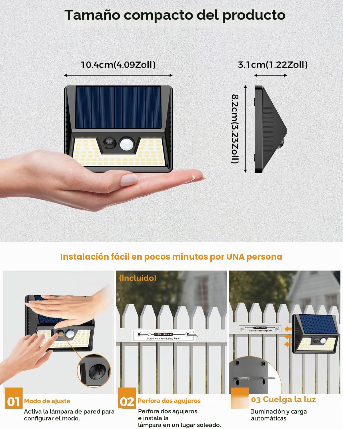 vighep 6 Paquete Foco Solares Exterior con Sensor de Movimiento, 3 Modes Focos Led Exteriores solares, IP65 Impermeable 270° Aplique Solar Potente para Jardín, Garaje, Patio, Caminos(Blanco Cálido)