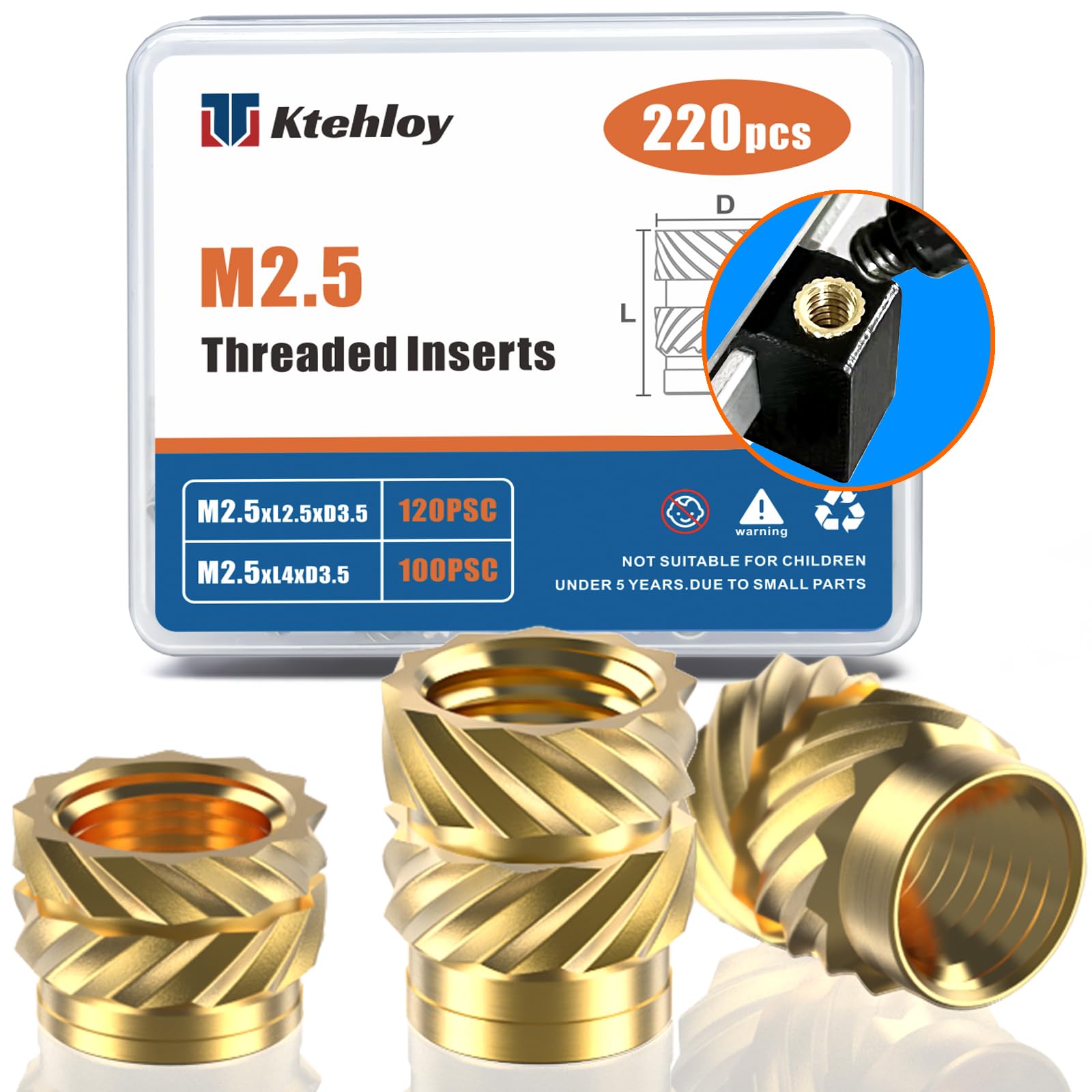 Ktehloy 220Pcs M2.5 Threaded Inserts, M2.5 Female Thread Metric Knurled Nuts Assortment Kit, Brass Heat Set Insert for Plastic and 3D Printing