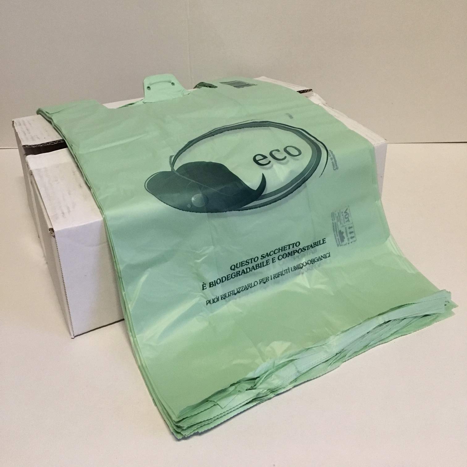 Scatola da 10KG Shopper biodegradabili compostabili cm 30+18x60 da Grammi 13.5 Ideali per Raccolta Umido o asporto +10 Sacchi Trasparenti in plastica XXL per Raccolta indifferenziata o plastica