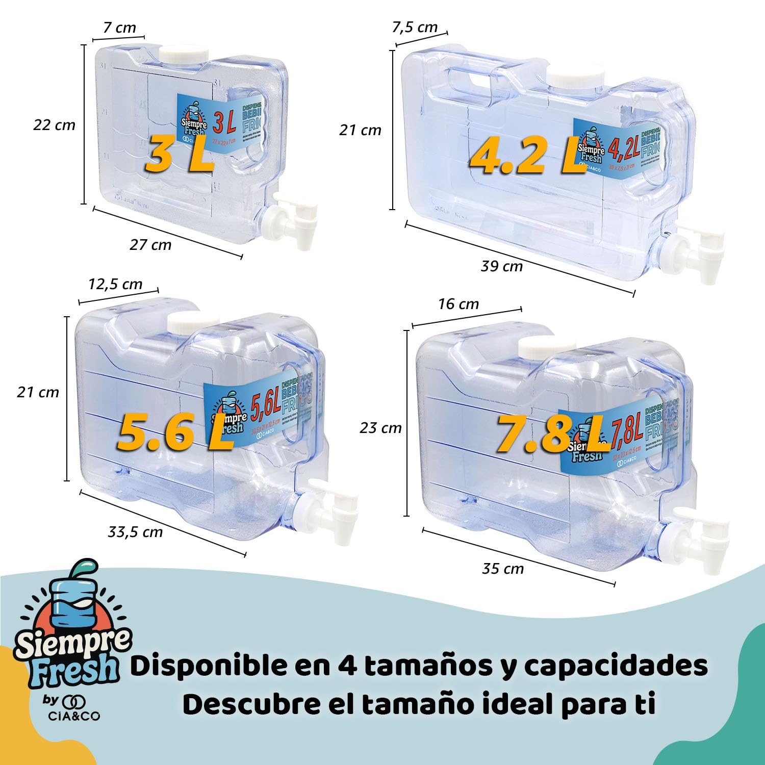 Cia&Co Distributeur d'eau froide pour réfrigérateur 5,6 l Bidon compact 33,5 x 21 x 12,5 cm