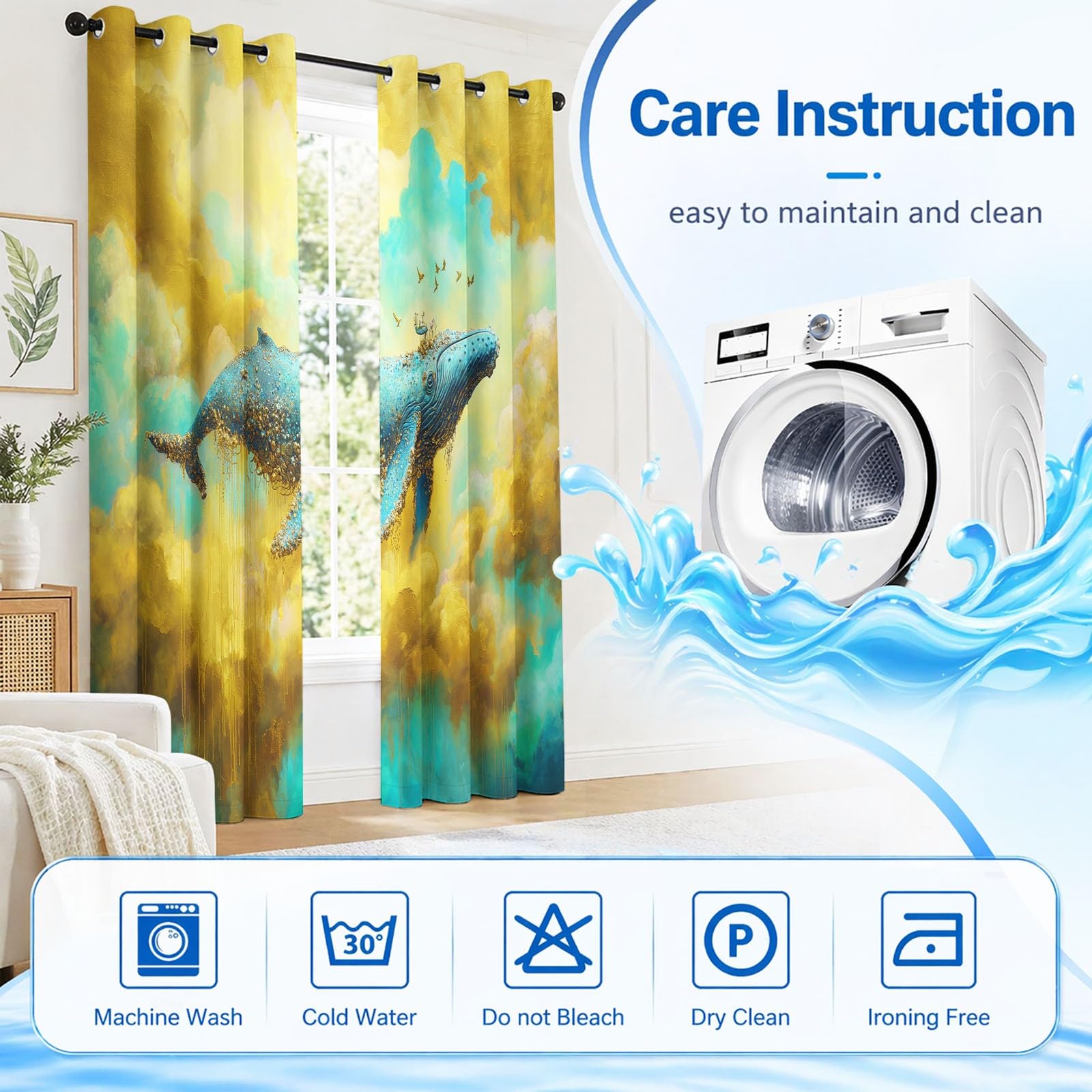 Générique Rideau Occultant Fantaisie Naturel Salon Moderne Thermique Isolant Anti Froid Polyester 2 Pièces 135 x 245 CM Rideaux De Fenêtre Animal Nuage pour Chambre Cuisine Décoration