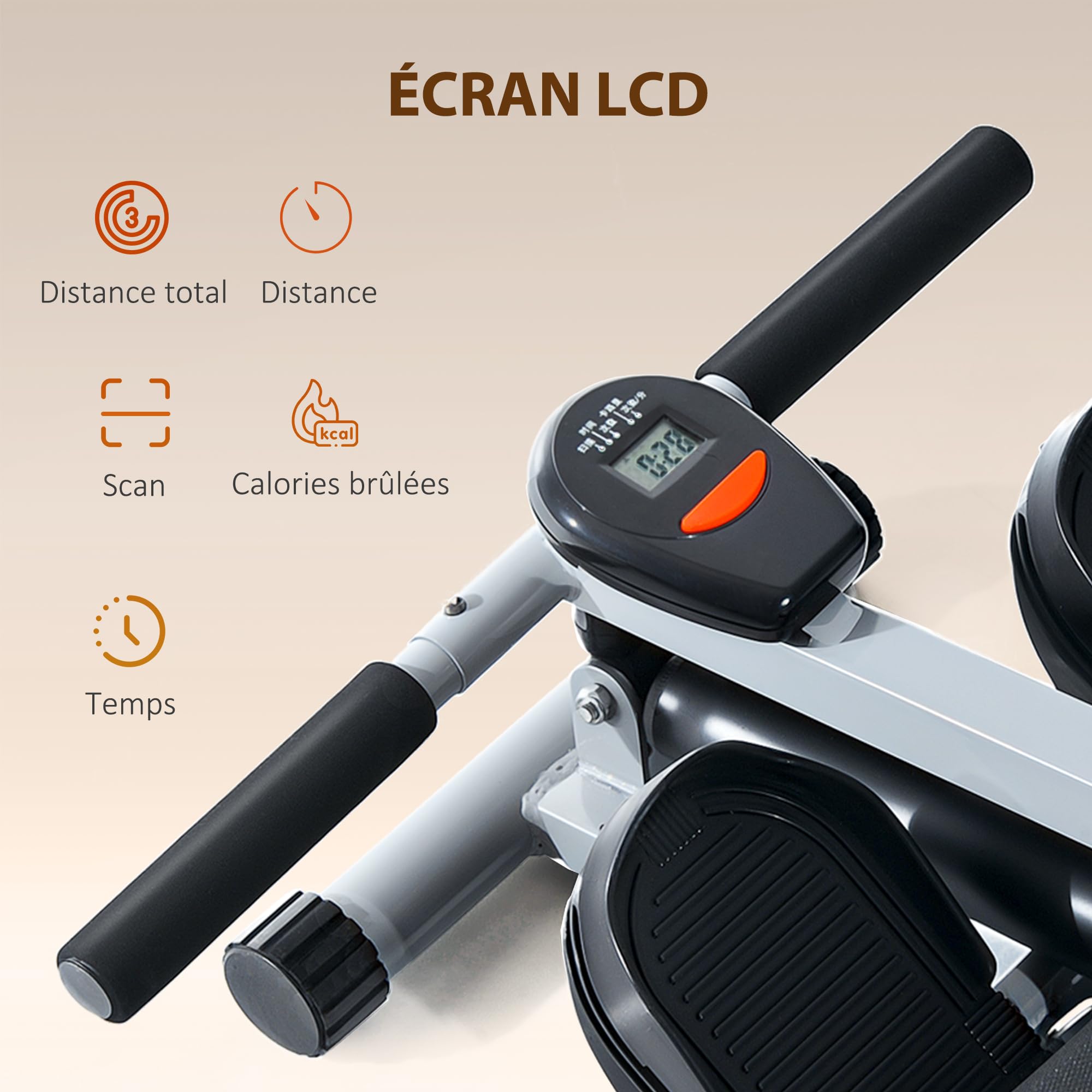 HOMCOM Rameur hydraulique à 12 niveaux de résistance, rameur d'appartement avec écran LCD, pédale antidérapante, charge 100 kg, pour maison, salle de gym, l'équipement d'entraînement d'intérieur, noir