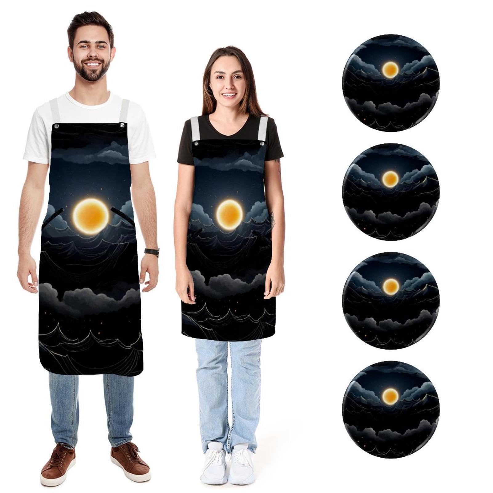 Tablier de cuisine doux réglable motif éclipse lot de 2 noir - 7