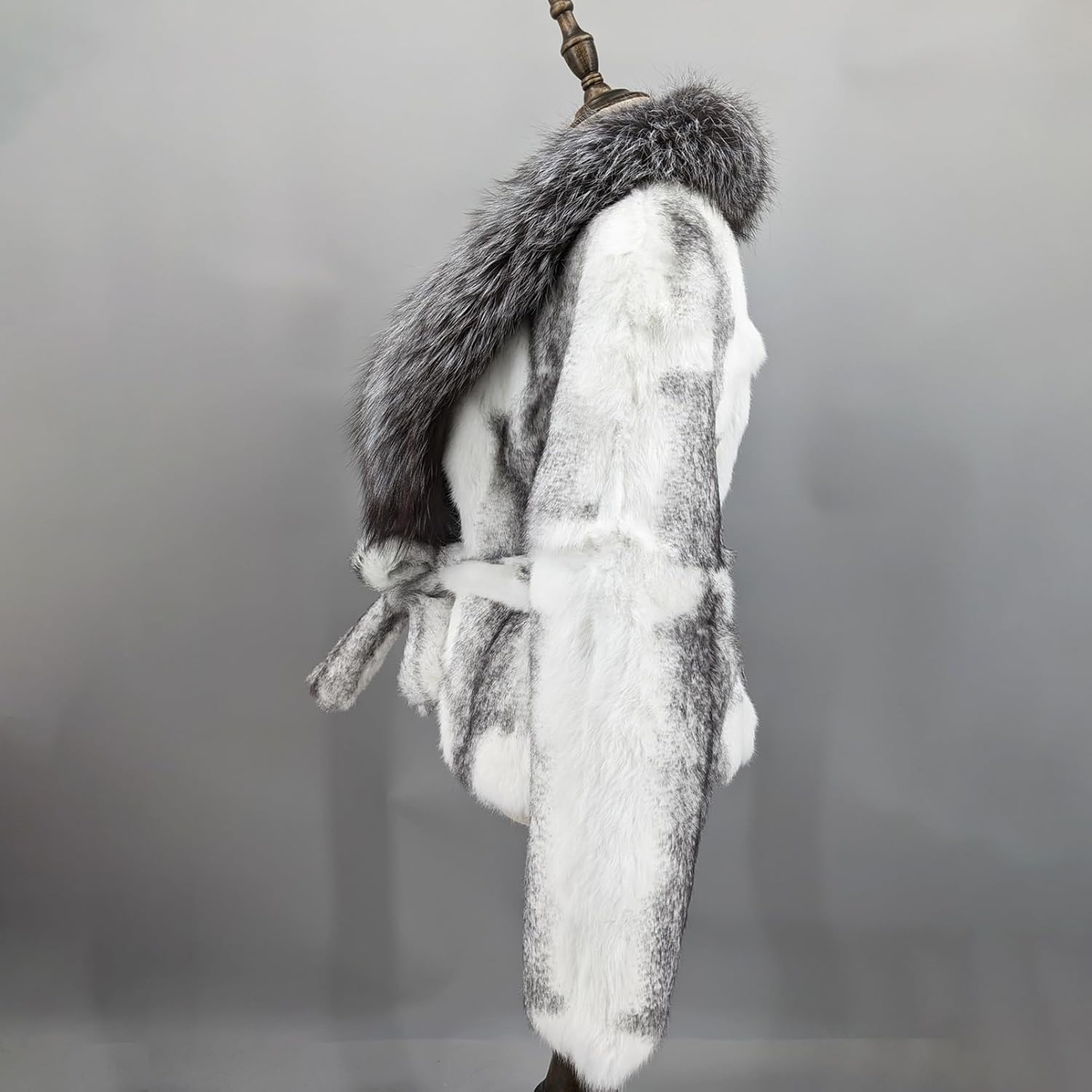 LVCOMEFF Natural Rabbit Fur Coat with Genuine Fox Fur Collar with Belt Jacket Furry Fluffy